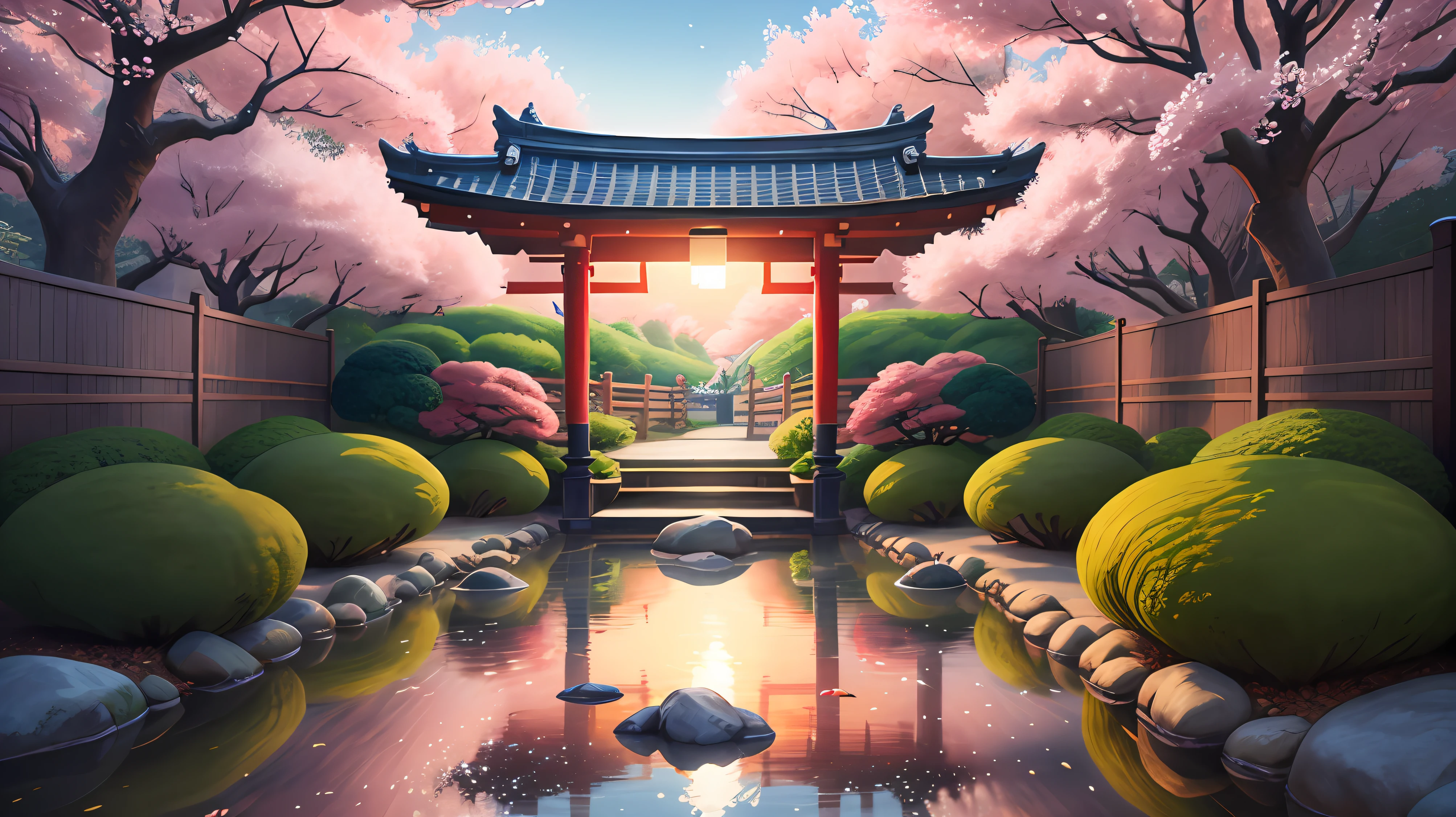 (digital painting),(best quality), serene Japanese garden, cherry blossoms in full bloom, koi pond, footbridge, pagoda, Ukiyo-e art style, Hokusai inspiration, Deviant Art popular, 8k ultra-realistic, pastel color scheme, soft lighting, golden hour, tranquil atmosphere, landscape orientation