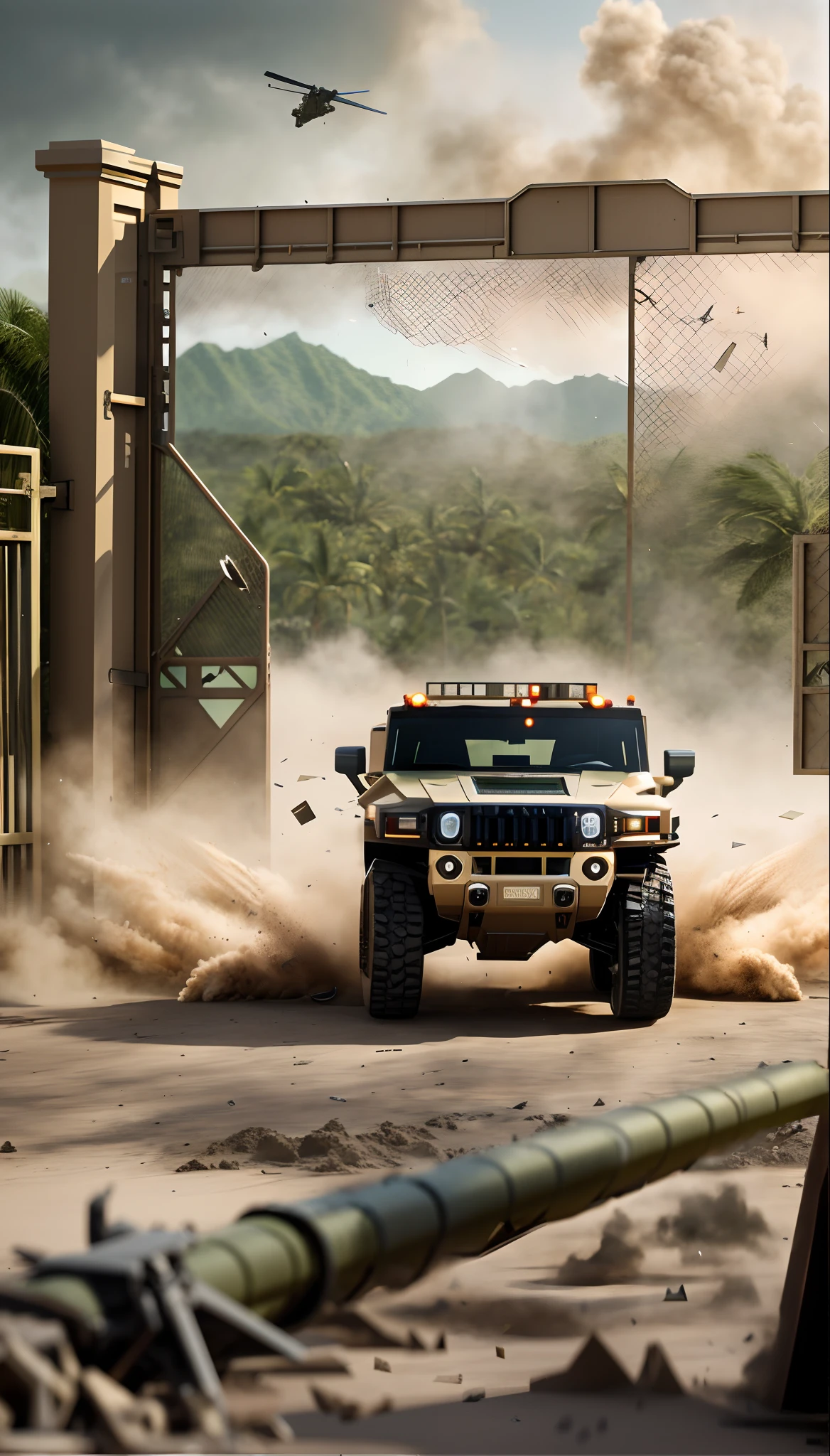 full view, military hummer truck at high speed knocking down maximum security gate, military hummer truck ripping off the maximum security gate, pieces of the gate thrown into the air, fragments of the gate on all sides, hummer truck ripping off the gate, sand floor and Amazon rainforest in the background, Amazon rainforest in the background, desert, high definition, hyperrealistic, realistic, dramatic lighting, 2:3, ultaHD