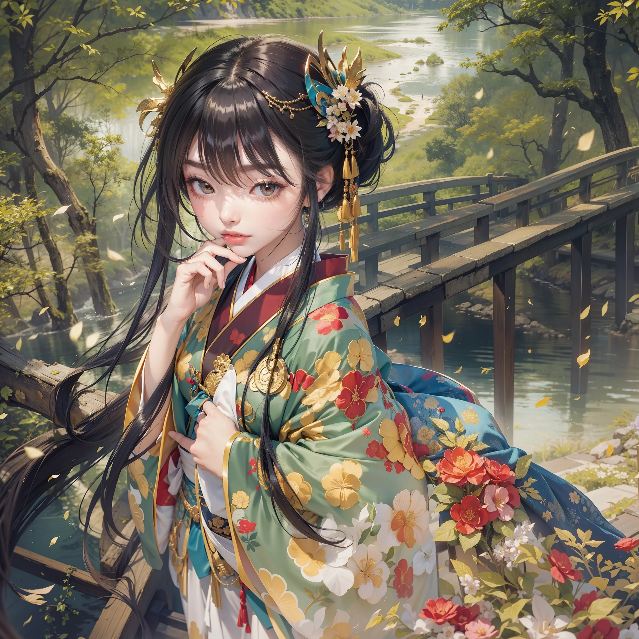 Detailed background(Bridge over a deep valley)、(Gorgeous and elegant backgrounds:1.2), (standing on a bridge:1.5)、BREAK,elaborate costume{Luxury kimono(Colorful kimono(Detailed golden embroidery,))}、(Japanese Idol(actress):1.2)(face perfect:1.2),Depict a beautiful and graceful woman of Japan。glossy dark hair,poneyTail,Heart in the eye。 Wallpapers 16K, .Blur the background with a sickle,((masutepiece)), ((Best Quality)),{{a portrait photo of}},full body Esbian、Faraway view