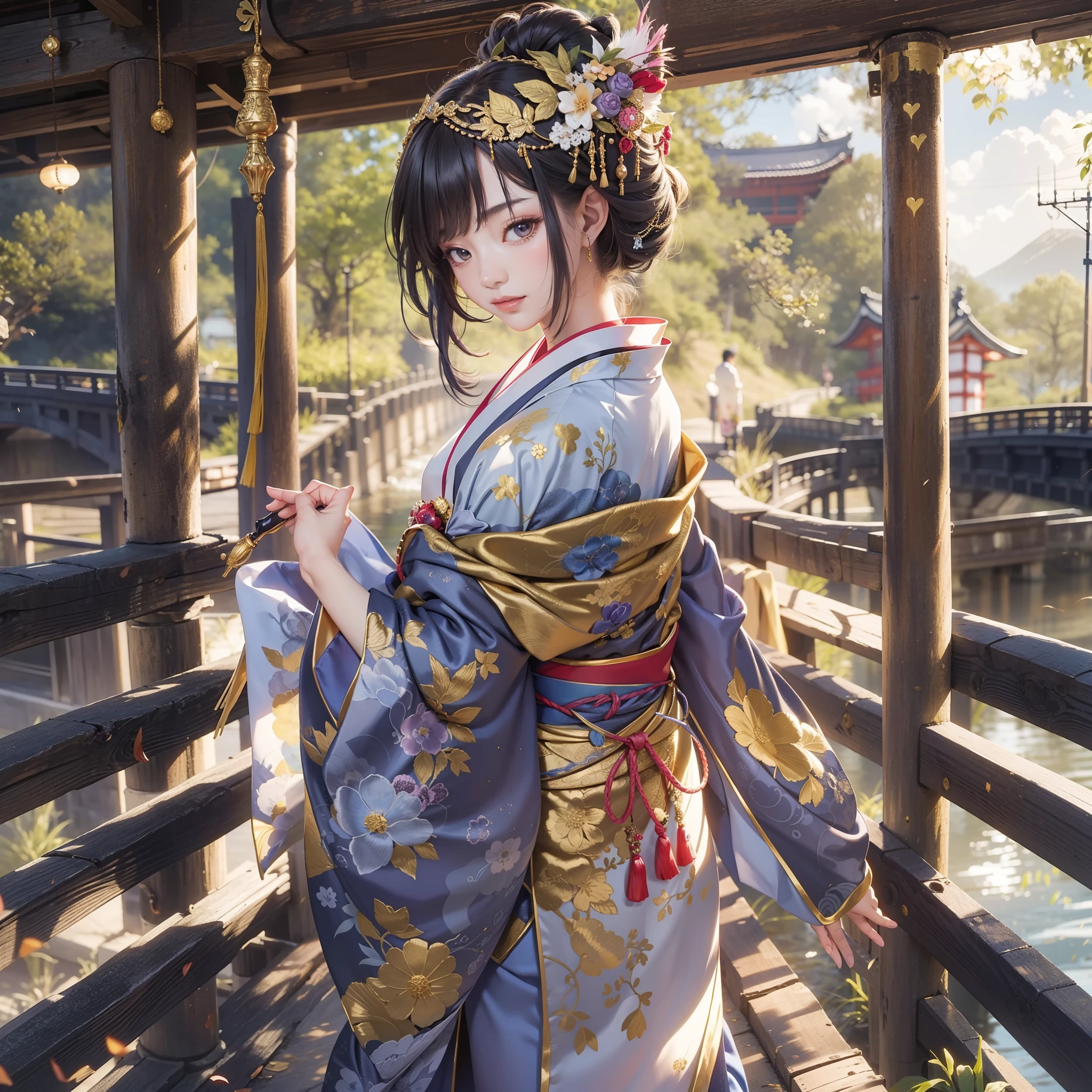 Detailed background(Bridge over a deep valley)、(Gorgeous and elegant backgrounds:1.2), (standing on a bridge:1.5)、BREAK,elaborate costume{Luxury kimono(Colorful kimono(Detailed golden embroidery,))}、(Japanese Idol(actress):1.2)(face perfect:1.2),Depict a beautiful and graceful woman of Japan。glossy dark hair,poneyTail,Heart in the eye。 Wallpapers 16K, .Blur the background with a sickle,((masutepiece)), ((Best Quality)),{{a portrait photo of}},full body Esbian、Faraway view