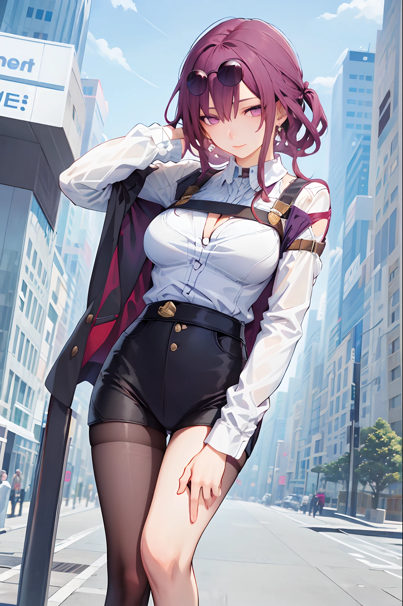 masterpiece, best quality, 1girl, skinny, large breasts,  official,shirt, (undressing:1.4),    pantyhose, eyewear on head,  purple eyes, empty eyes, earrings,  street