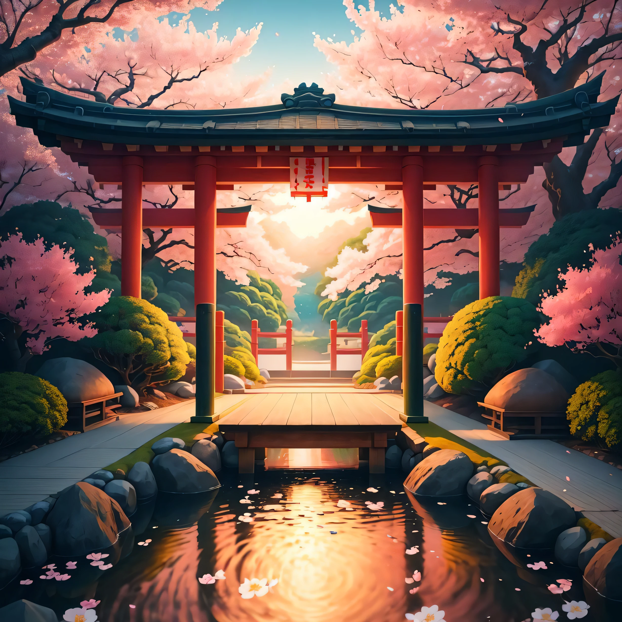 (digital painting),(best quality), serene Japanese garden, cherry blossoms in full bloom, koi pond, footbridge, pagoda, Ukiyo-e art style, Hokusai inspiration, Deviant Art popular, 8k ultra-realistic, pastel color scheme, soft lighting, golden hour, tranquil atmosphere, landscape orientation