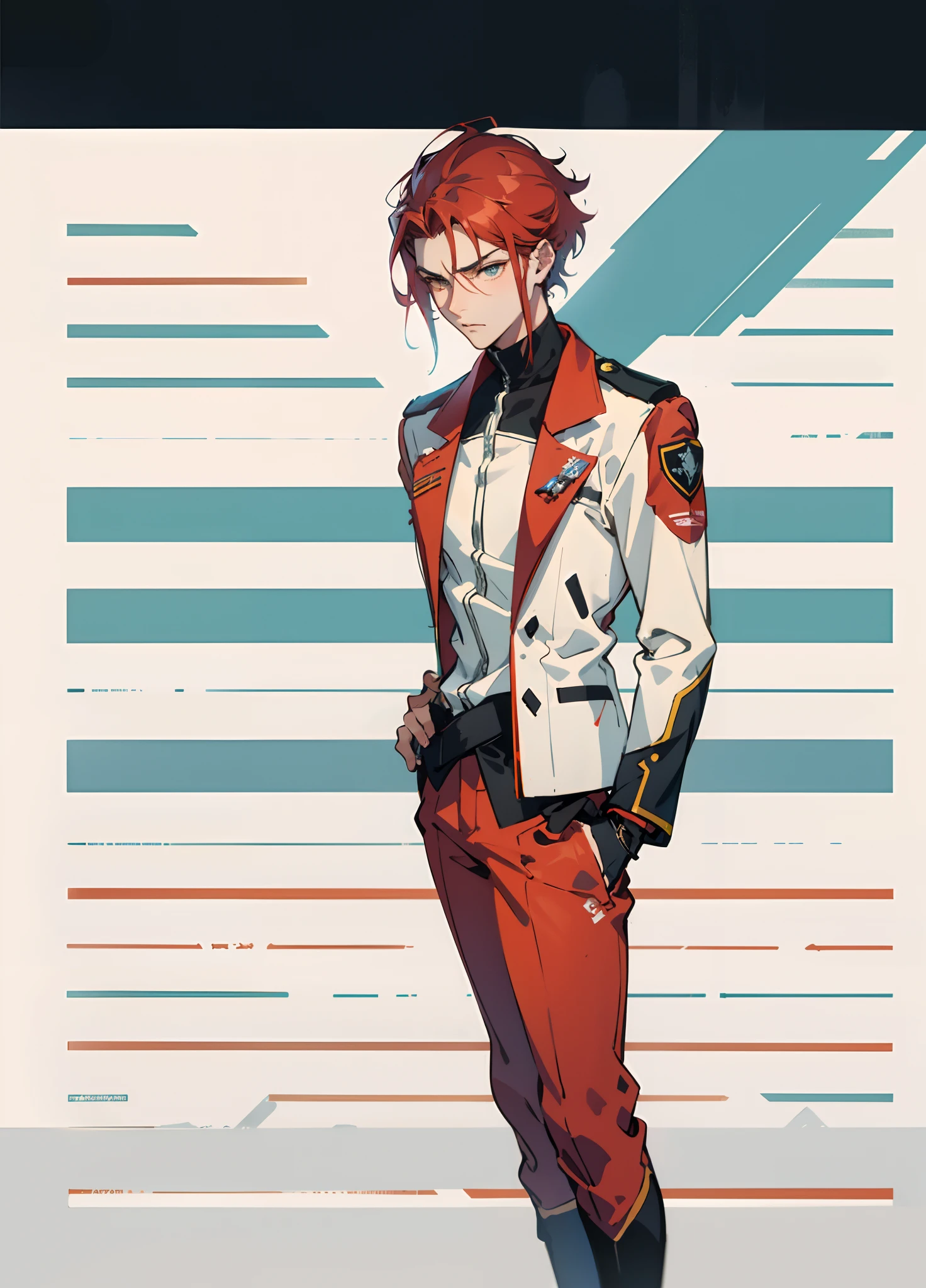 A man with short red-gold hair, hair slicked back, thick and disheveled hair, a cold and ruthless gaze, a confident expression, wears a two-piece futuristic military-style uniform, primarily in shades of white and red, accented by touches of yellow, streamlined wristguard gloves, matching trousers, he stands in a futuristic sci-fi-style hangar housing a colossal mech, stands within a futuristic sci-fi hangar, where a colossal mech is stationed, this character embodies a finely crafted futuristic military officer in anime style, characterized by an exquisite and mature manga illustration art style, high definition, best quality, highres, ultra-detailed, ultra-fine painting, extremely delicate, professional, anatomically correct, symmetrical face, extremely detailed eyes and face, high quality eyes, creativity, RAW photo, UHD, 8k, Natural light, cinematic lighting, masterpiece:1.5