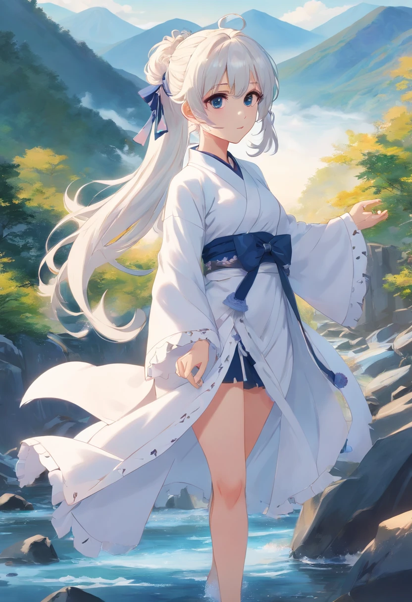 White color hair,High ponytail curls,Black eyes,White Lolita,White silk Hanfu,The mountains and rivers of the national style,Black stocking feet all over the body,