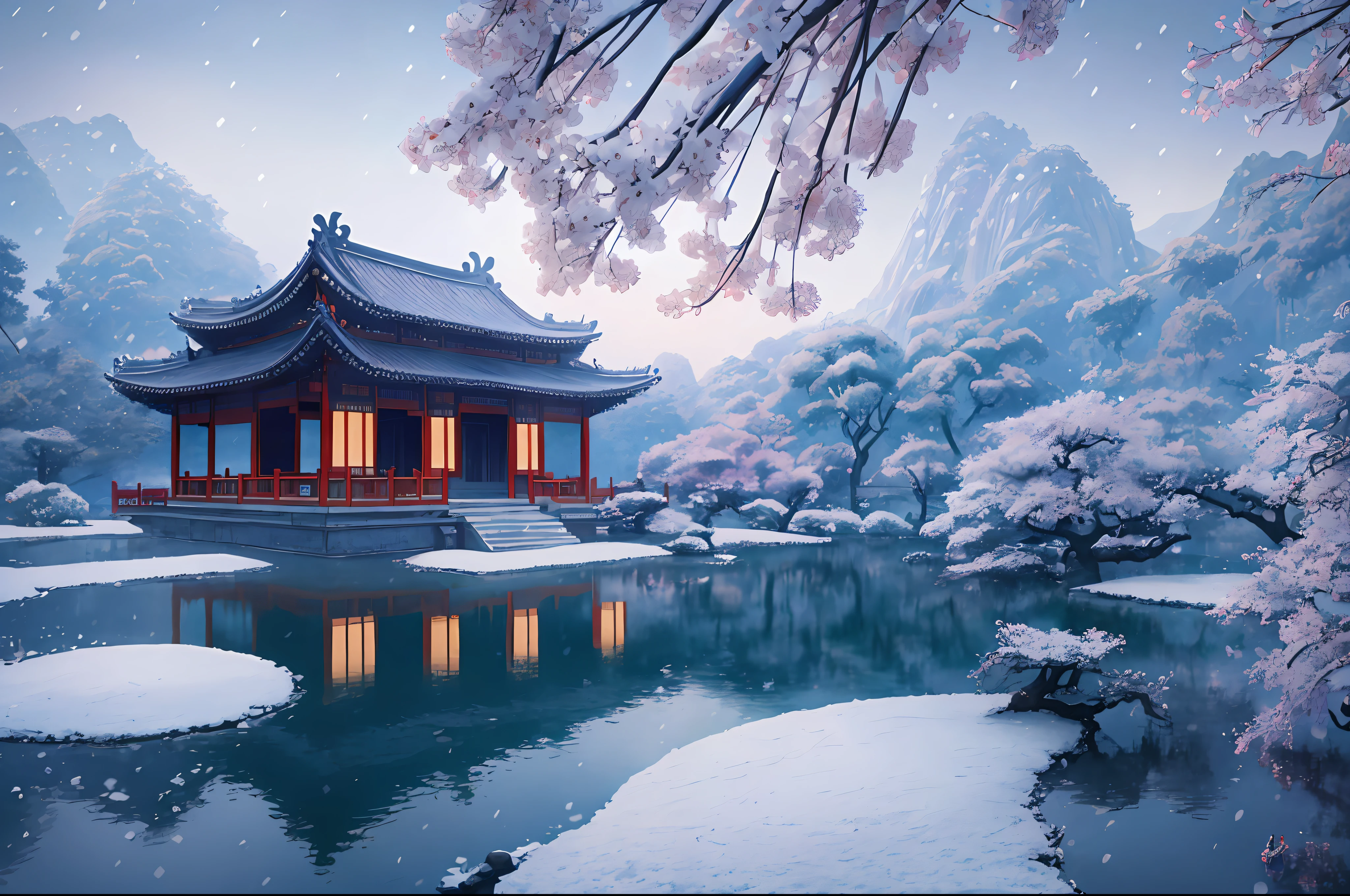 Masterpiece, best quality, high quality, extremely detailed CG unity 8k wallpaper, classical Chinese garden, landscape, Suzhou, winter, ((snowing)), outdoor, sky, daytime, landscape, water, tree, blue sky, waterfall, nature, lake, river, cloudy sky, award winning photography, bokeh, depth of field, HDR, bloom, chromatic aberration, realism, very detailed, sad, trends on artstation, trends on CGsociety, intricate, high detail, dramatic, Midjourney art