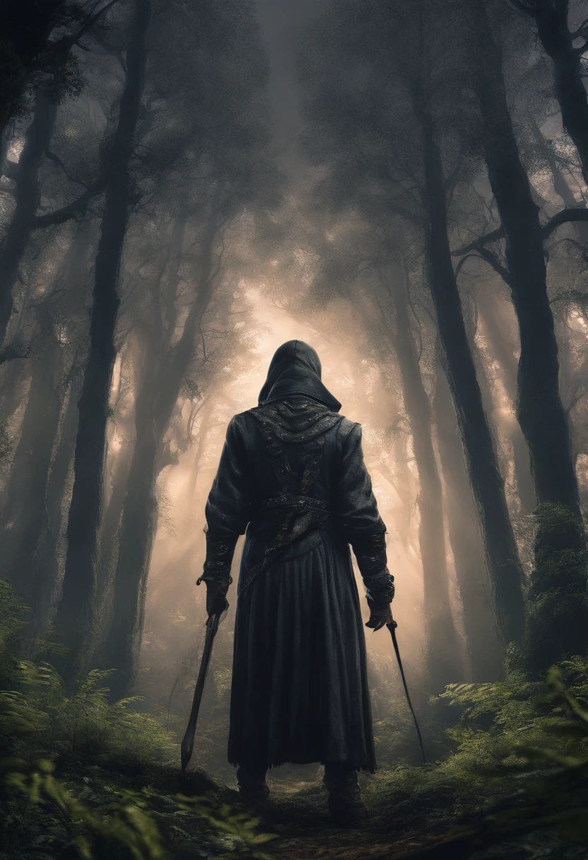 Closeup of a person standing in a dark forest, Arte conceitual de uma floresta escura, floresta de fantasia escura, arte de fantasia sombria, an ominous fantasy illustration, arte de estilo fantasia escura, arte conceitual de fantasia sombria, fundo escuro da fantasia, dnd em uma floresta escura, Epic Fantasy Digital Art Style, ambiente de fantasia sombria, Floresta Proibida, paisagem de fantasia escura, Arte de fantasia 8k