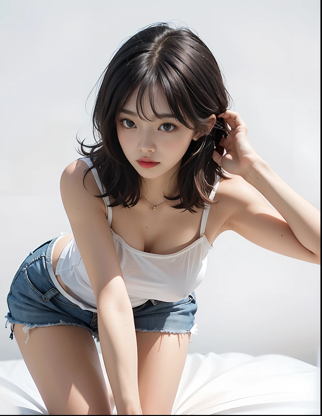 Wearing a camisole、Girl in shorts、perfectly proportions、huge tit