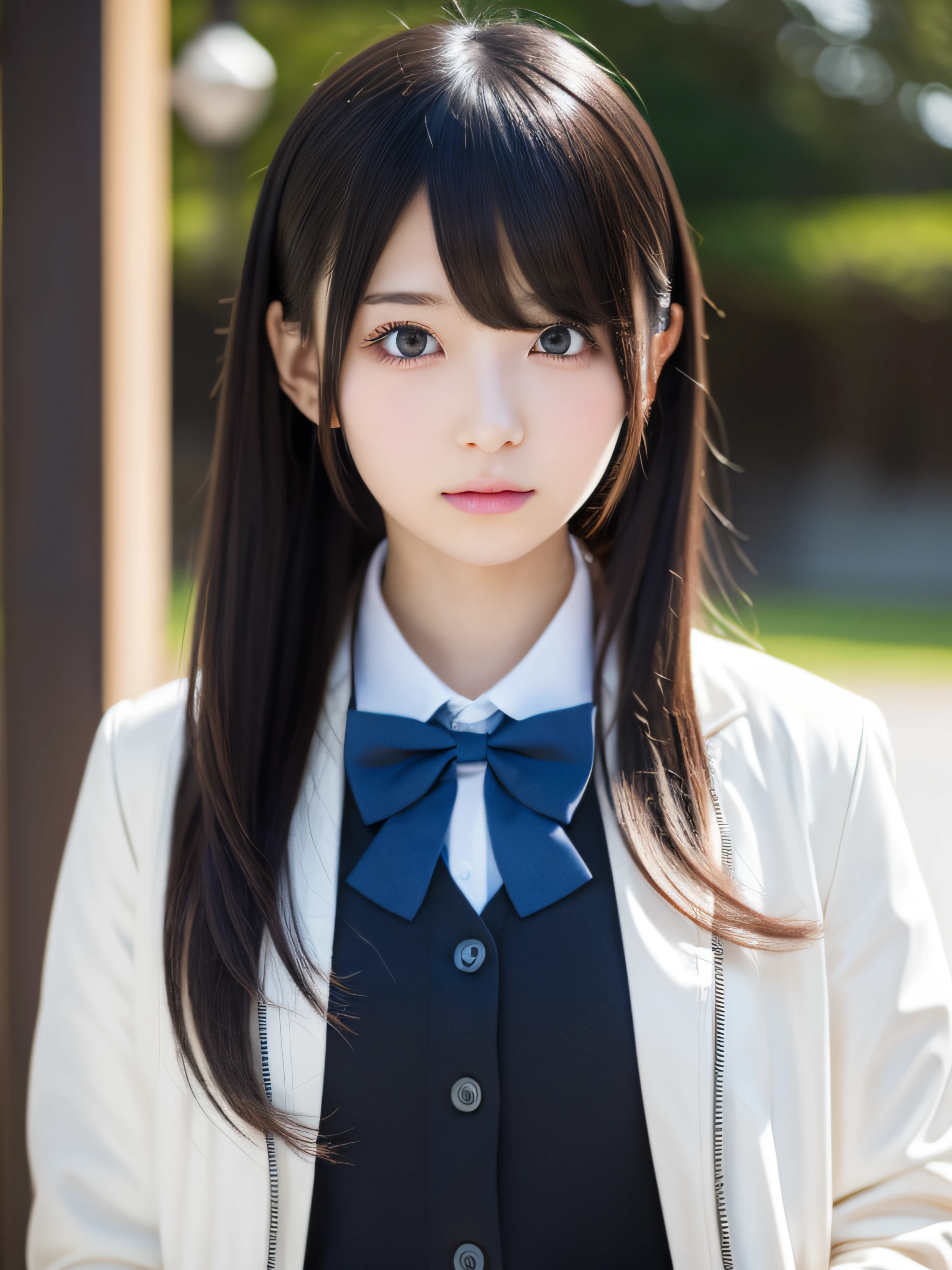 top-quality、8k picture、There is a woman with long hair wearing a white jacket and bow tie, a japanese girl, realistic young anime girl, real life anime girl, Anime Girl with Long Hair, white hime cut hairstyle, cute natural anime face, realistic anime 3 d style, Beautiful anime girl, cute - fine - face, Beautiful Anime Portrait,
