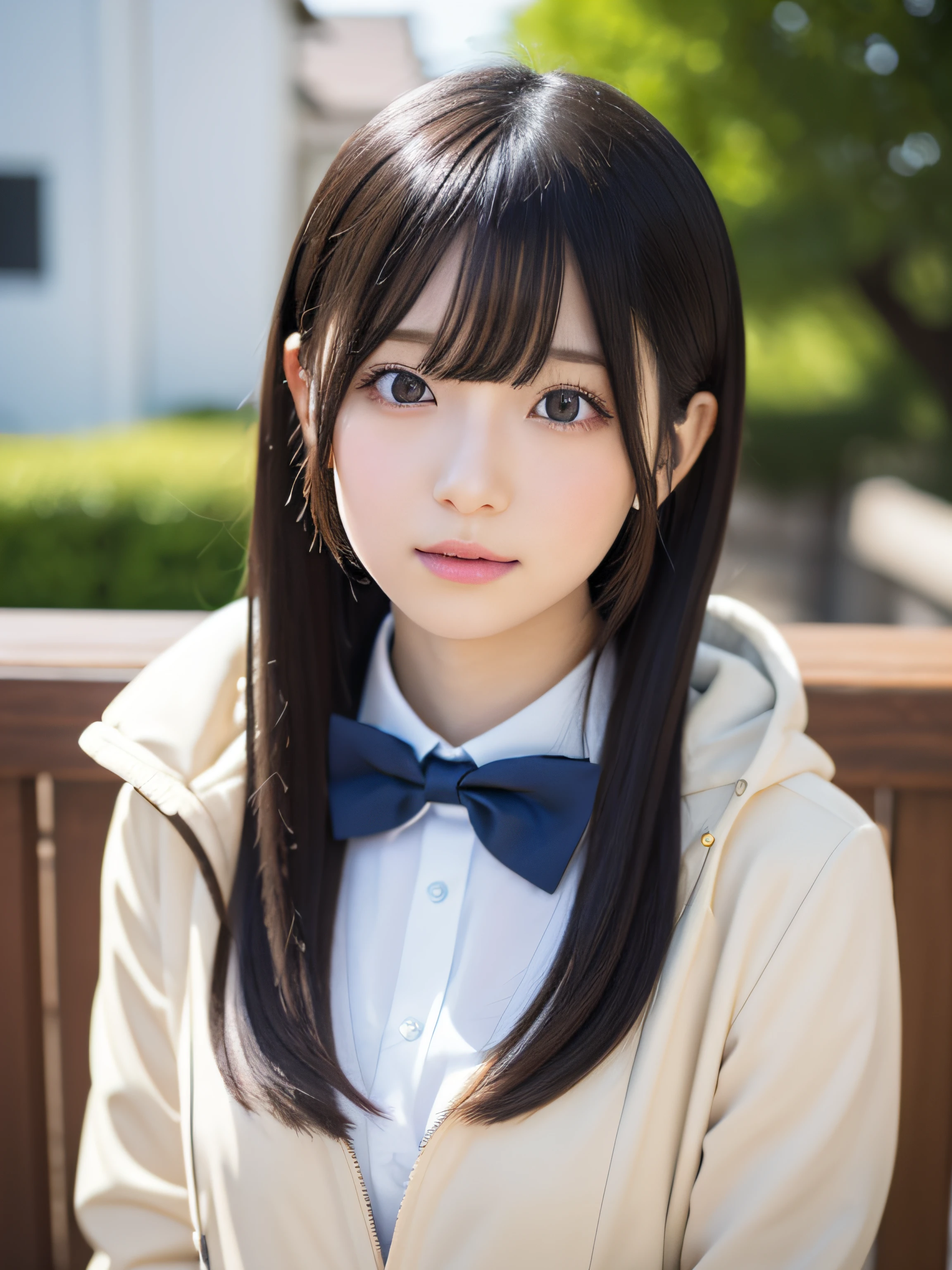 top-quality、8k picture、There is a woman with long hair wearing a white jacket and bow tie, a japanese girl, realistic young anime girl,  real life anime girl, Anime Girl with Long Hair, white hime cut hairstyle, cute natural anime face, realistic anime 3 d style, Beautiful anime girl, cute - fine - face, Beautiful Anime Portrait,