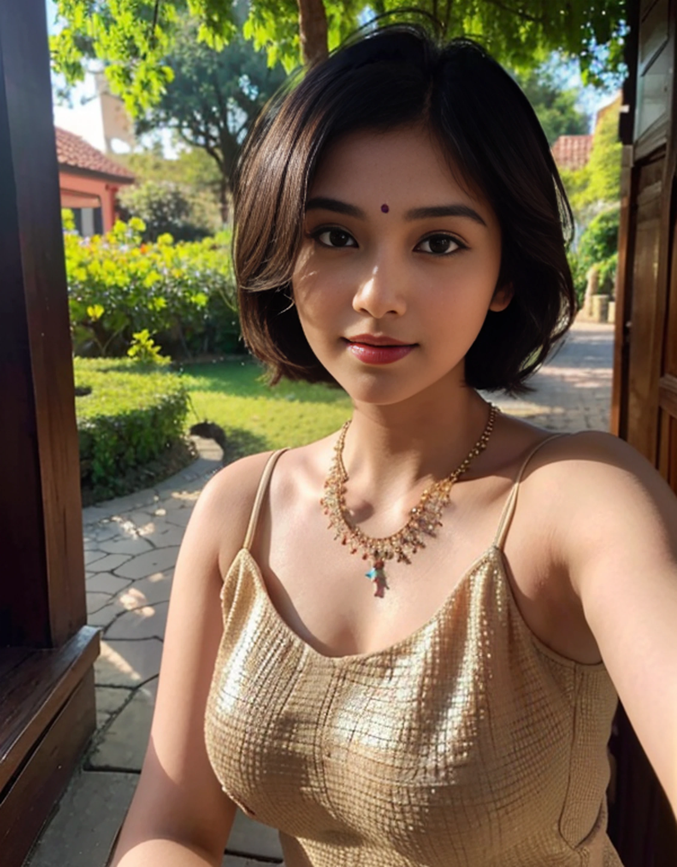 desi Indian girl (25 years), chubby face charming hair natural skin, good figure, ((highly detailed face and skin texture, 8k, ultrarealistic))), ((Masterpiece: 1.3, best quality, sharp focus), bright face, short hairs, photography, sleeveless dress, happy face, beautiful natural background, bright pic, beautiful necklace, taking selfie