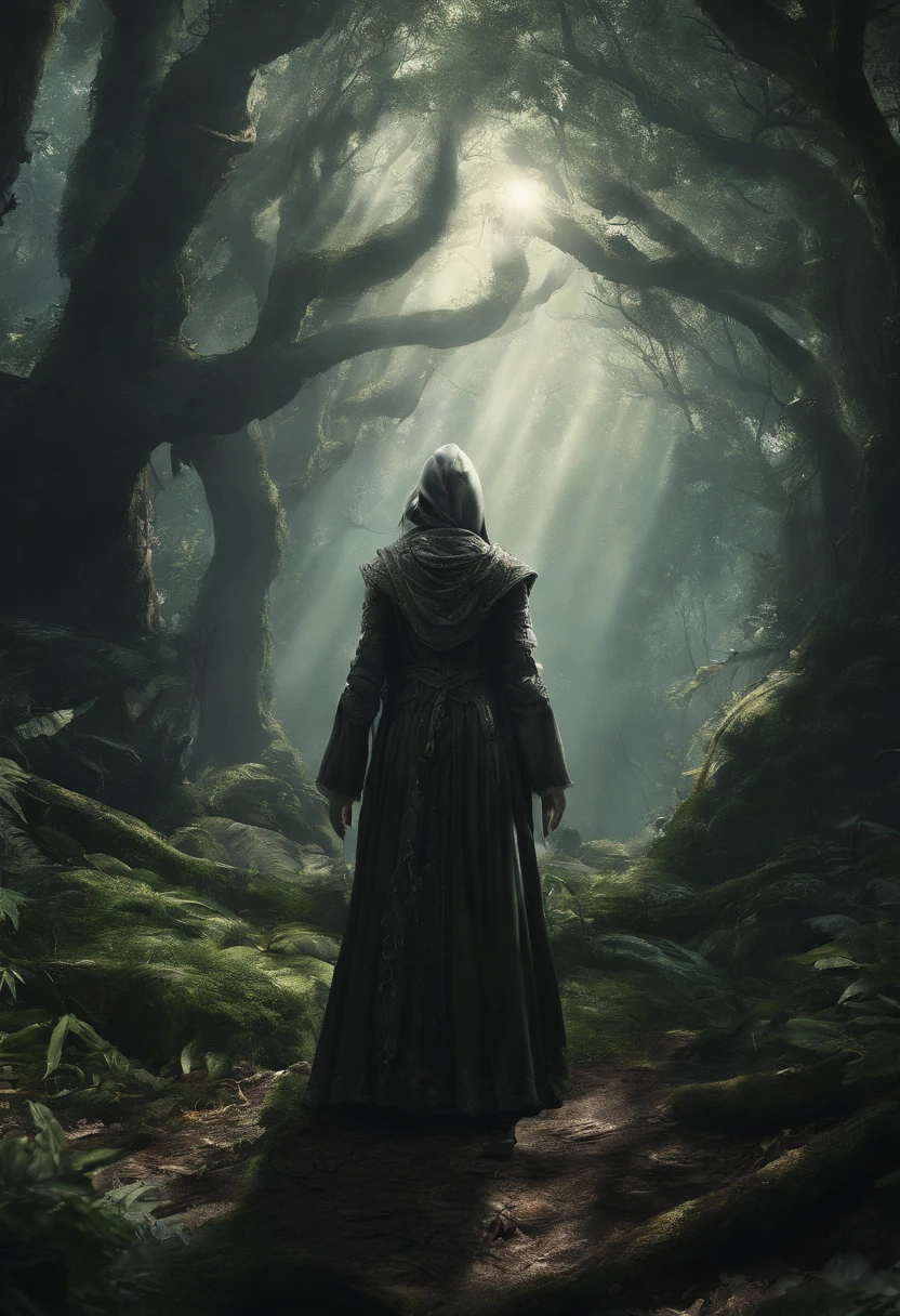 Closeup of a person standing in a dark forest, Arte conceitual de uma floresta escura, floresta de fantasia escura, arte de fantasia sombria, an ominous fantasy illustration, arte de estilo fantasia escura, arte conceitual de fantasia sombria, fundo escuro da fantasia, dnd em uma floresta escura, Epic Fantasy Digital Art Style, ambiente de fantasia sombria, Floresta Proibida, paisagem de fantasia escura, Arte de fantasia 8k