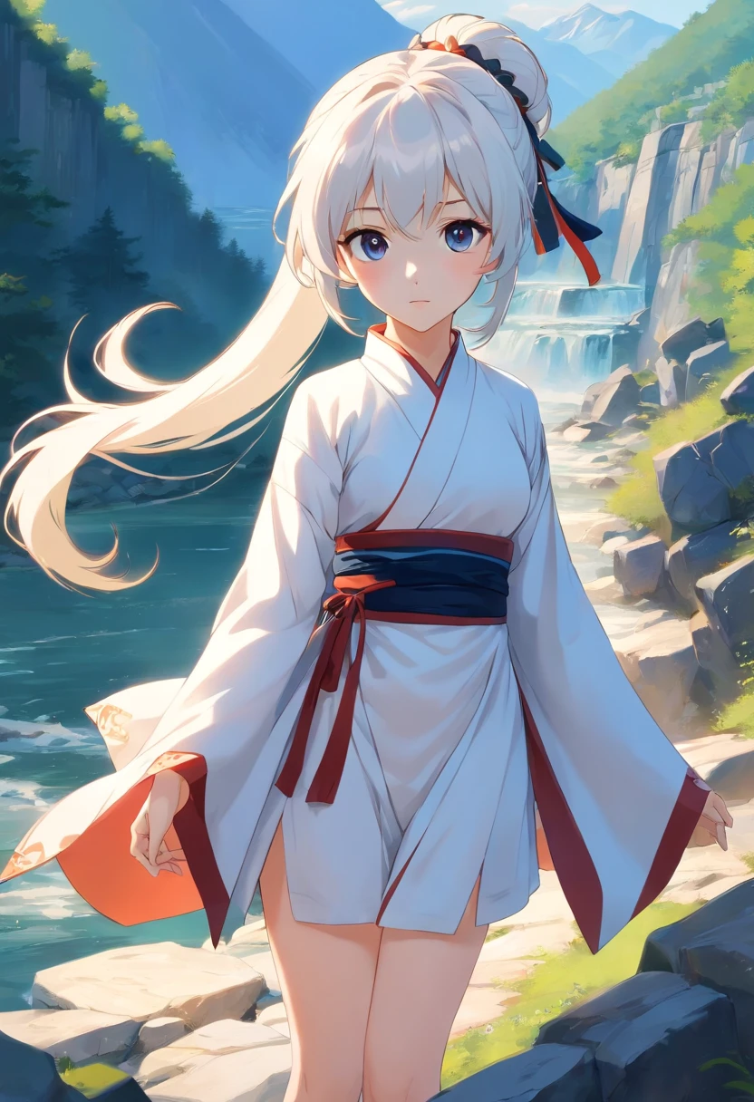 White color hair,High ponytail curls,black big eyes,White silk Hanfu,The mountains and rivers of the national style,Black stocking feet all over the body,