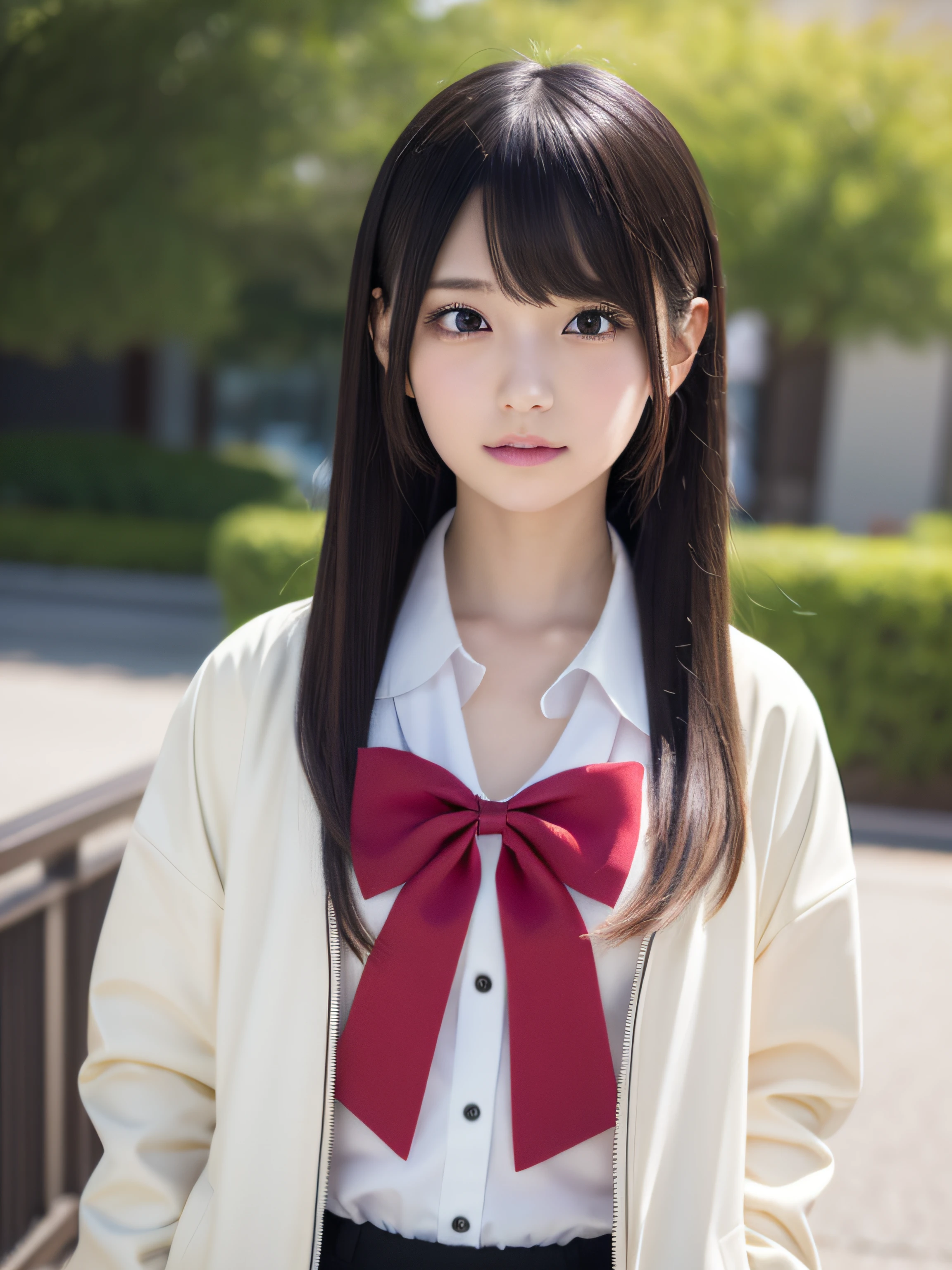top-quality、8k picture、There is a woman with long hair wearing a white jacket and bow tie, a japanese girl, realistic young anime girl, real life anime girl, Anime Girl with Long Hair, white hime cut hairstyle, cute natural anime face, realistic anime 3 d style, Beautiful anime girl, cute - fine - face, Beautiful Anime Portrait,