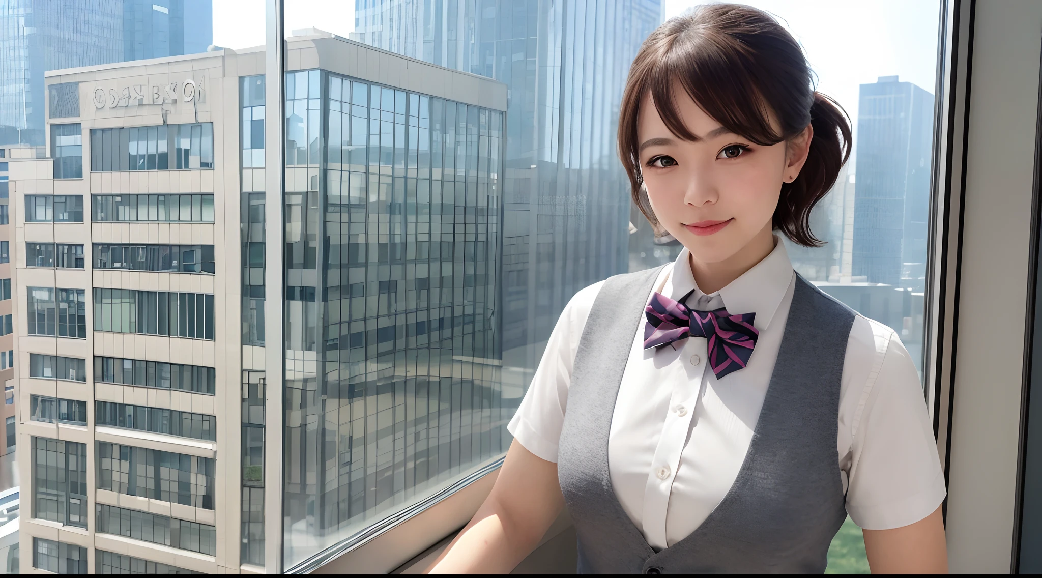 1girl, matured female, vest, bow, photo, realistic, best quality, hires, detailed face, office, buildings from window, detailed background, diffused sunlight, depth of field, bokeh