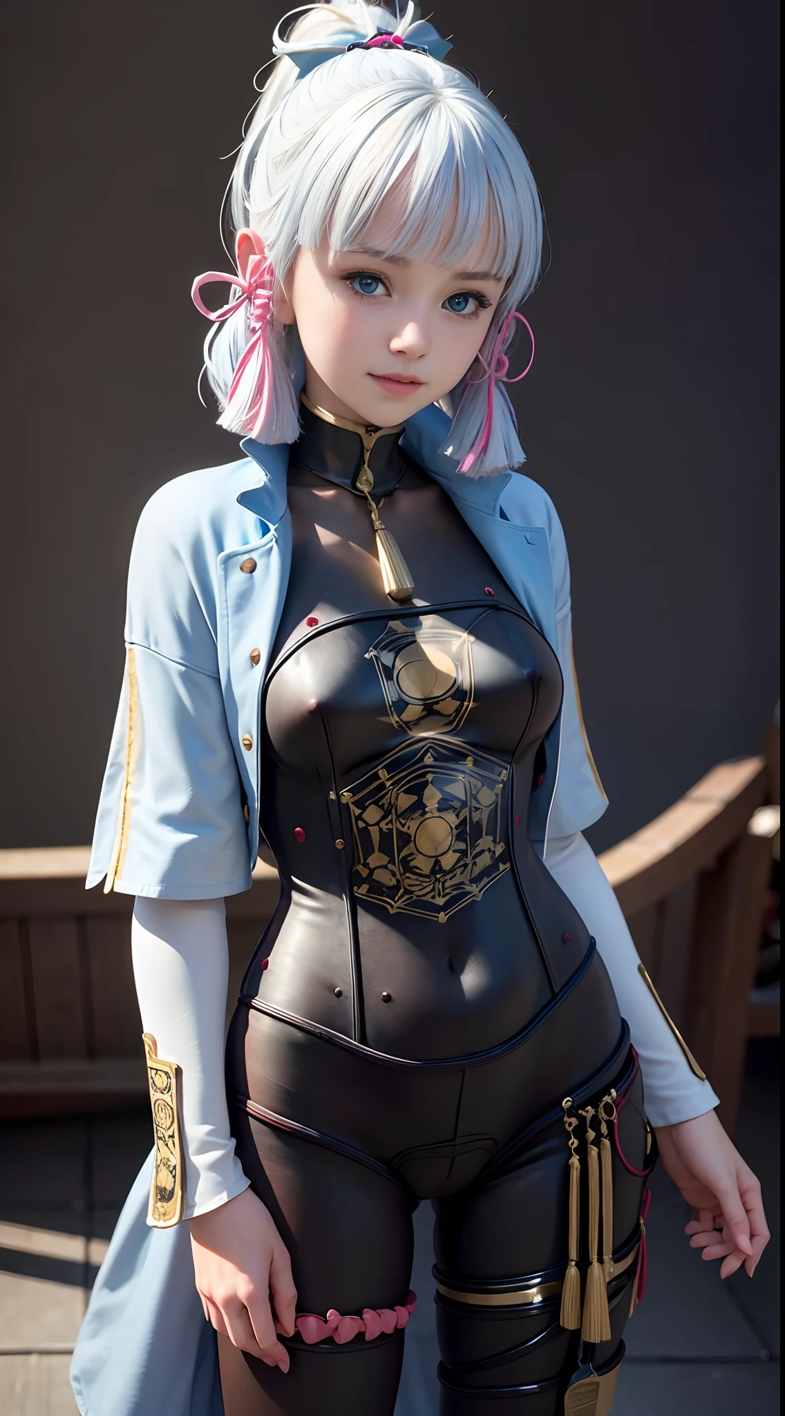 {best quality}, {{masterpiece}}, {high res}, extremely detailed CG, extremely detailed 8K wallpaper, extremely detailed character,{an extremely delicate and beautiful portrait}, (((portrait))), solo, sharp focus, dramatic angle, {{cinematic lighting}}, (photorealistic:2), {{{character ({{{a girl}}}, {{{{{{}}}}}}, smile, opened mouth, beautiful detailed eyes, light blue eyes)}}}, ((18 years old)), highly detailed eyes, highly detailed face, (cowboy shot), 1 girl, solo, standing, studio background, (black background), white hair, multicolored hair, petite, blue hoodie, hair ornament, (((bodysuit)))