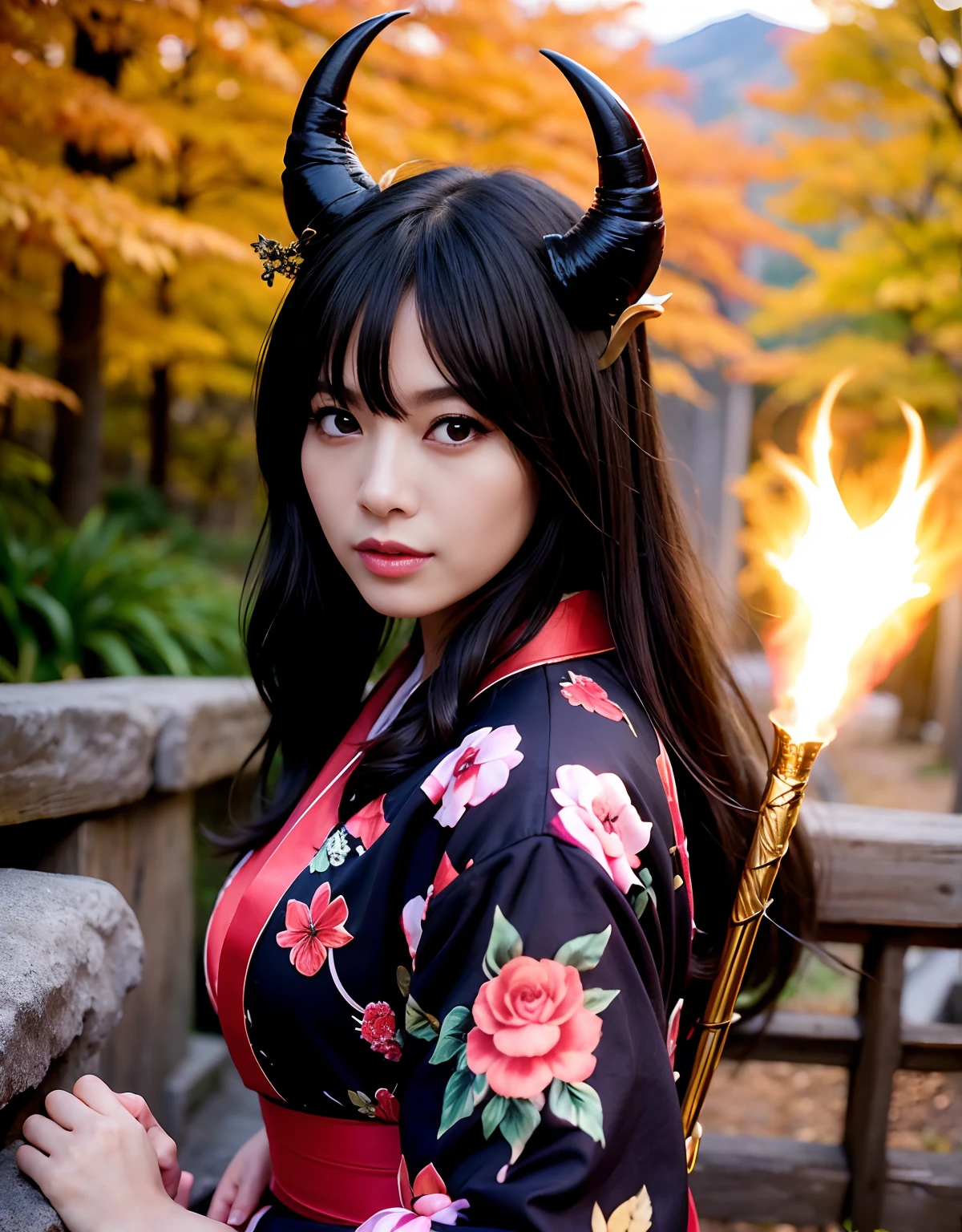 ((World of Darkness)),Professional , masterpiece、top-quality、photos realistic , depth of fields 、(sexypose)、(Black maple on the background of full bloom),(Ultimate Beauty)、A dark-haired、Mystical expression、(shrine background)、(Kimono with beautiful pattern)、(Night background)、Beautiful hair ornament on the head、,(intense fighting),((Precipitous cliffs)),(Wear a beautiful kimono),(Wear a beautiful kimono with colorful floral patterns)、(Japan Castle Background)、Jewel Gold Weapon、Particles of light),(intense fighting)、Gorgeous gold weapons ,Castle background、(( Gorgeous Dragon Sword)) , (a dark night),,(maikurobikini) 、((Black Haired Beautiful Girl))、(Castle background)、(demonic wings)、((Gangle's forest background))、Beautiful Caucasian beauty、1a person、dynamic ungle,(((Two devil's horns on the head)))、Smaller head、Idle Smile、Thin and beautiful female hands、Mystical expression、Light Effects、intense fighting、Wind-effect、magic circles、With the legendary magic wand、Dragon's tail、