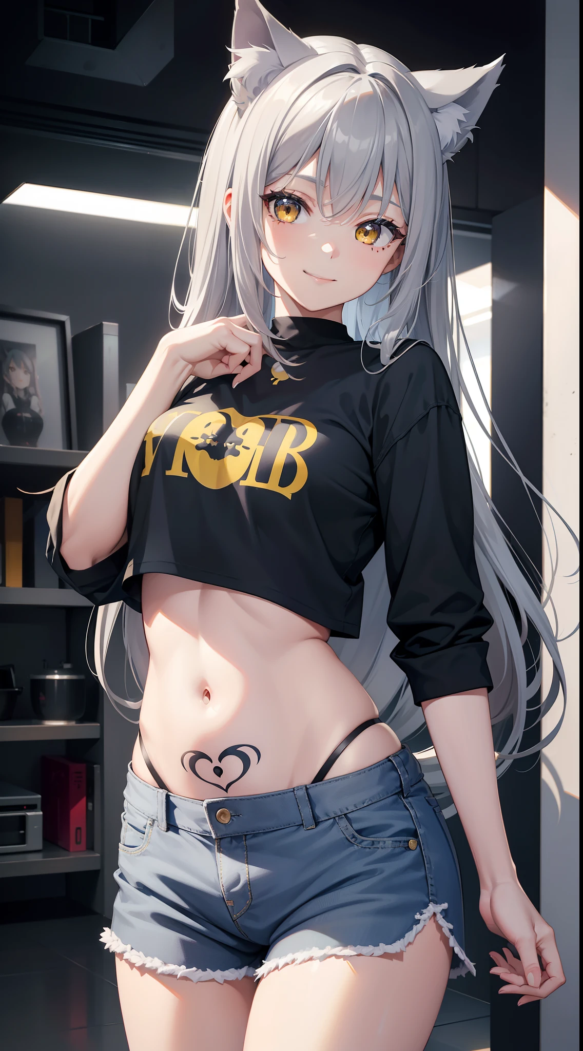 young girl, long gray hair, cat ears, Yellow eyes, Smile, tattoo, Tight blue shirt, open belly, blue shorts, Masterpiece, hiquality, 4k, HD, Good detail
