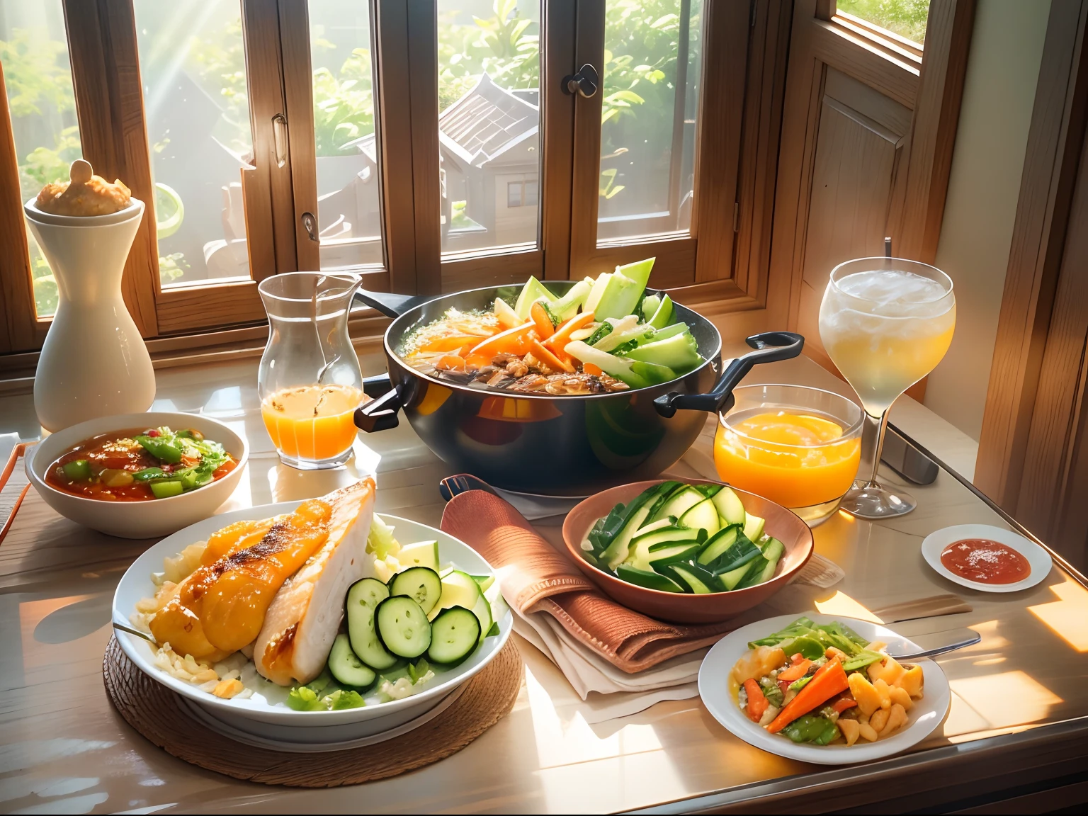 ,dining table, A plate of tender oily chicken rice, Shiny chicken slices , There are cucumber carrot cut into thin strips, Chili garlic sauce , A glass of orange juice. Sunlight outside the window.