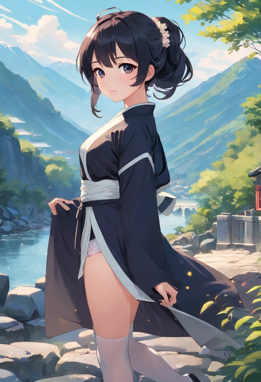 Black color hair,High ponytail curls,black big eyes,White silk Hanfu,The mountains and rivers of the national style,full bodyesbian,Wear black stockings,high-heels