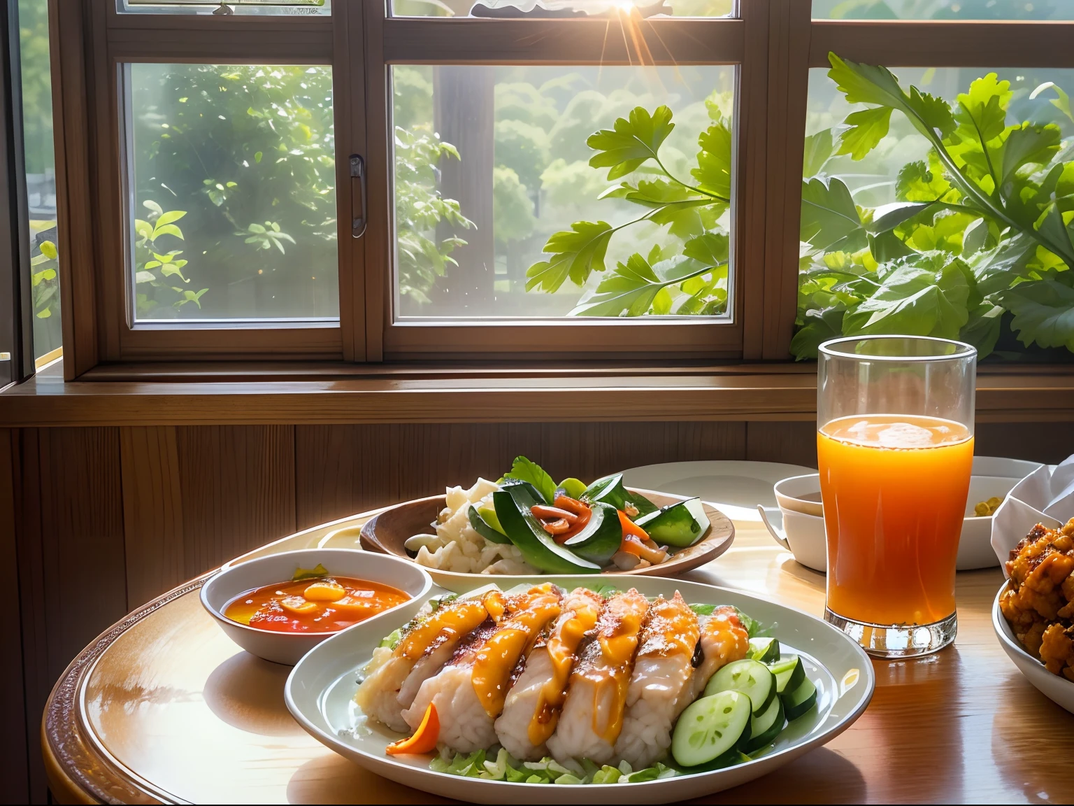 ,dining table, A plate of tender oily chicken rice, Shiny chicken slices , There are cucumber carrot cut into thin strips, Chili garlic sauce , A glass of orange juice. Sunlight outside the window.