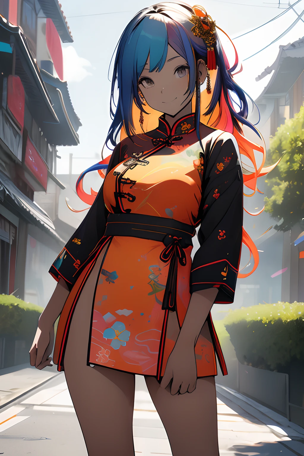 (masterpiece), best quality, expressive eyes, beautiful eyes, perfect face, beautiful young woman standing looking at viewer, beautiful face, cute smile, she has long wavy multicolored pastel hair, rainbow colored hair, she has a traditional chinese hairdress, she is wearing a colorful two piece Chinese Style Cheongsam Mini Dress, Long Sleeve side slit mandarin collar Slim shirt, bright colors on dark fabric shirt, orange double slit traditional mini skirt, mini dress, two piece dress, mini-skirt, chinese clouds print fabric, nsfw, the wind blows the skirt revealing her crotch, thick thighs, thigh gap, cameltoe, no panties, no underwear, upskirt, big breasts, hard nipples, perky tits, (((erect nipple))),