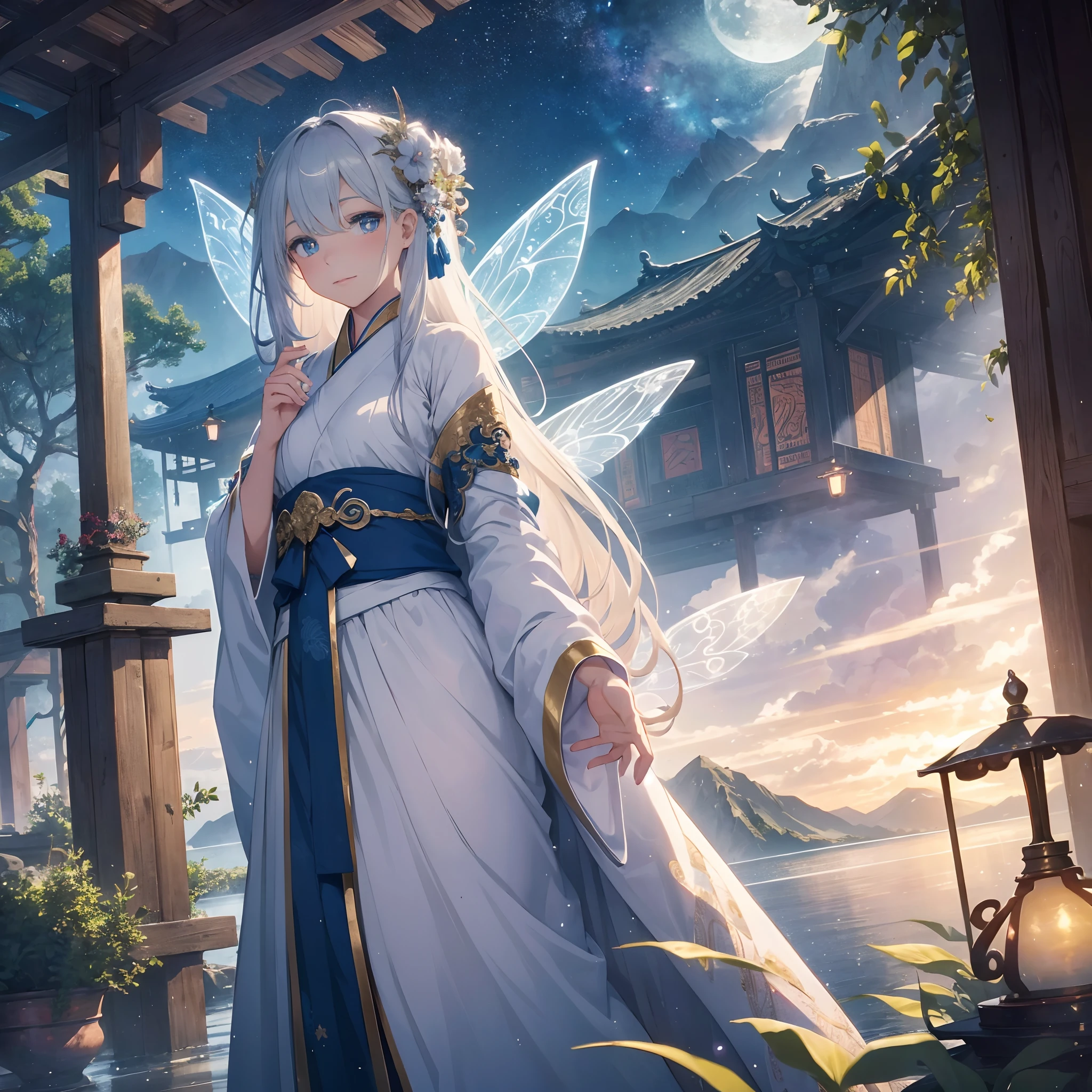 (a fairy floating in the clouds wearing exquisite Hanfu),moonlight illuminating the scene with a gentle and mysterious glow,surrounded by majestic mountains and mist, a picturesque lake reflecting the silver moonlight, the air filled with a subtle floral fragrance. The fairy has long flowing hair and eyes twinkling with stars, holding a bright jade ruyi. The ambiance is like a magical realm, giving off an otherworldly and enchanting feeling of tranquility and beauty. (best quality, highres, HDR),ultra-detailed,realistic, an art style reminiscent of traditional Chinese paintings, vibrant colors with a touch of ethereal and dreamy tones. The lighting is soft and diffused, casting a warm and enchanting atmosphere. --auto