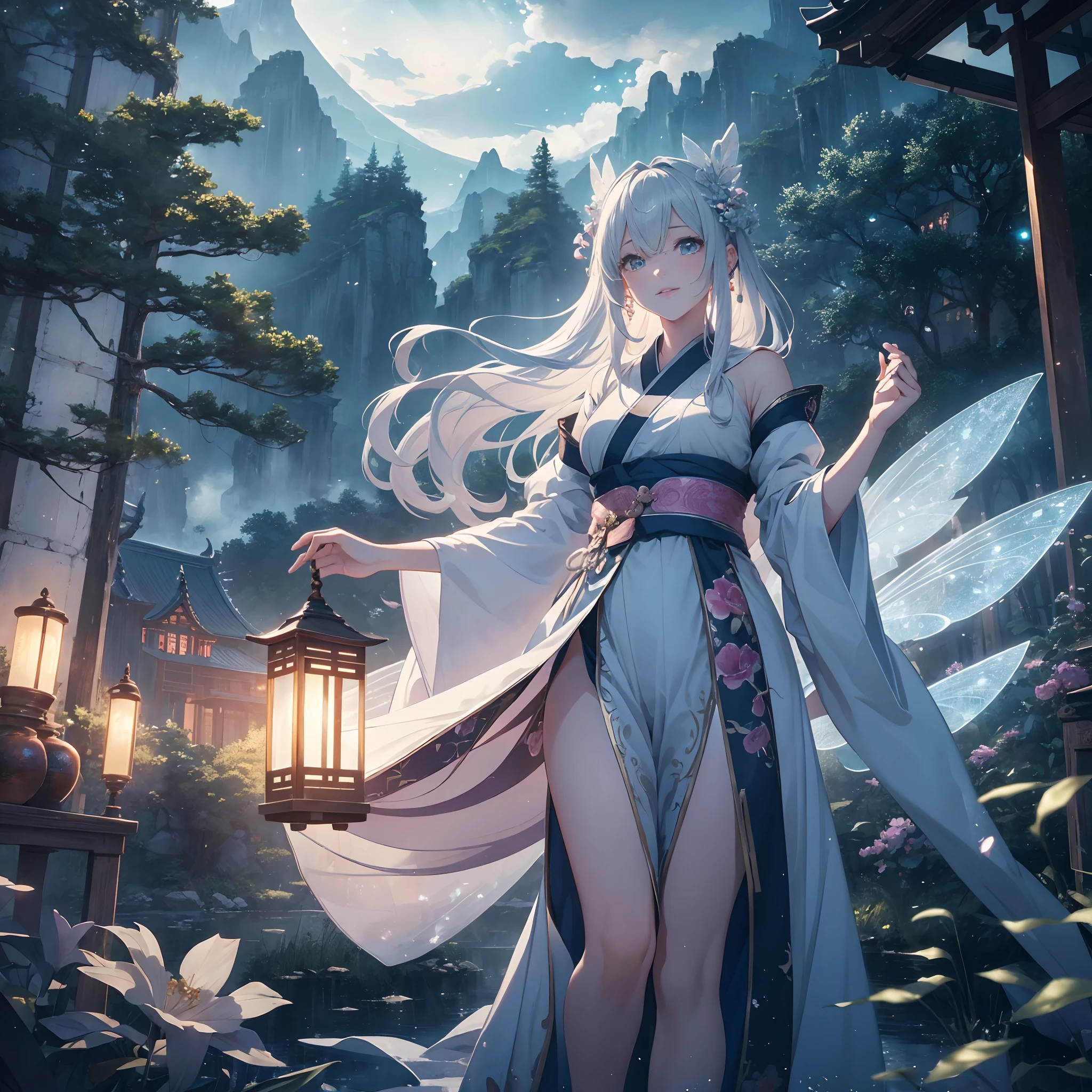 (a fairy floating in the clouds wearing exquisite Hanfu),moonlight illuminating the scene with a gentle and mysterious glow,surrounded by majestic mountains and mist, a picturesque lake reflecting the silver moonlight, the air filled with a subtle floral fragrance. The fairy has long flowing hair and eyes twinkling with stars, holding a bright jade ruyi. The ambiance is like a magical realm, giving off an otherworldly and enchanting feeling of tranquility and beauty. (best quality, highres, HDR),ultra-detailed,realistic, an art style reminiscent of traditional Chinese paintings, vibrant colors with a touch of ethereal and dreamy tones. The lighting is soft and diffused, casting a warm and enchanting atmosphere. --auto