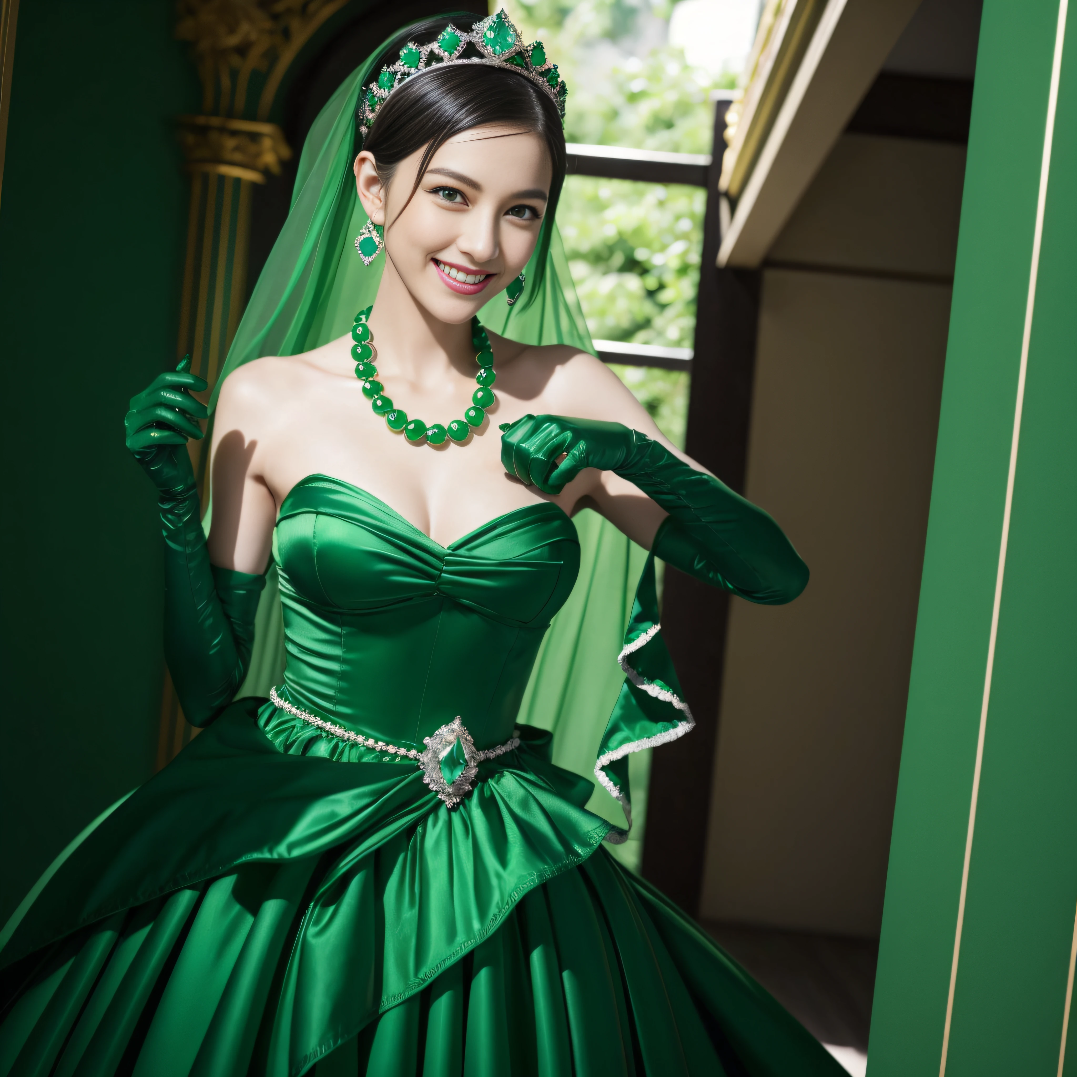 emerald tiara, Green Pearl Necklace, Boyish very short green hair, lipsticks, Japan woman smiling, very short short hair, fist, big breasts beautiful, Green eyes, Long green gloves made of satin material, Green eyes, Emerald Earrings, lesbian ,the kiss