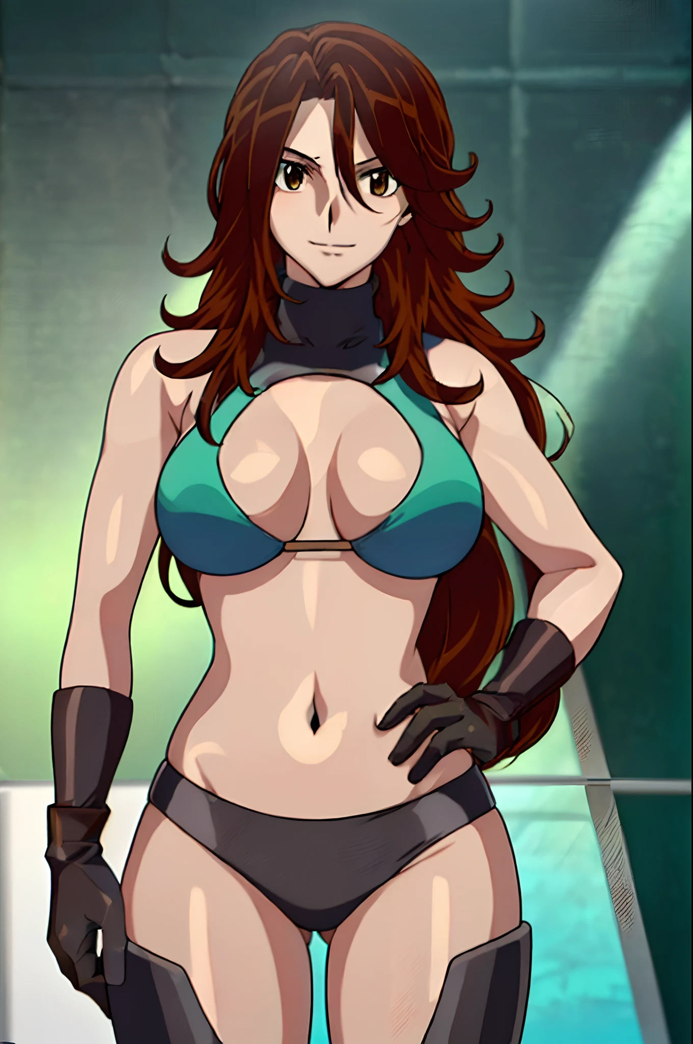 cowboy shot, upper body view, anime style: 1.8, anime drawing, ultra detailed face, ultra detailed body, 4k, Sumergai Lee Noriega, (standing, hands on hips), best quality, anime style, hires, highest definition, digital blending, bold drawing lines, ((slender body, female wrestler), (location: wrestling arena, crowds watching), (slender body, broad shoulders), mature woman, ((black wrestling gear: bikini, boots, gloves, collar band, black gear)), victorious, gorgeous, winner, smile, (pale skin), (big breasts), (big eyes, brown eyes), (warming up), (brown, long hair), 27 years old,