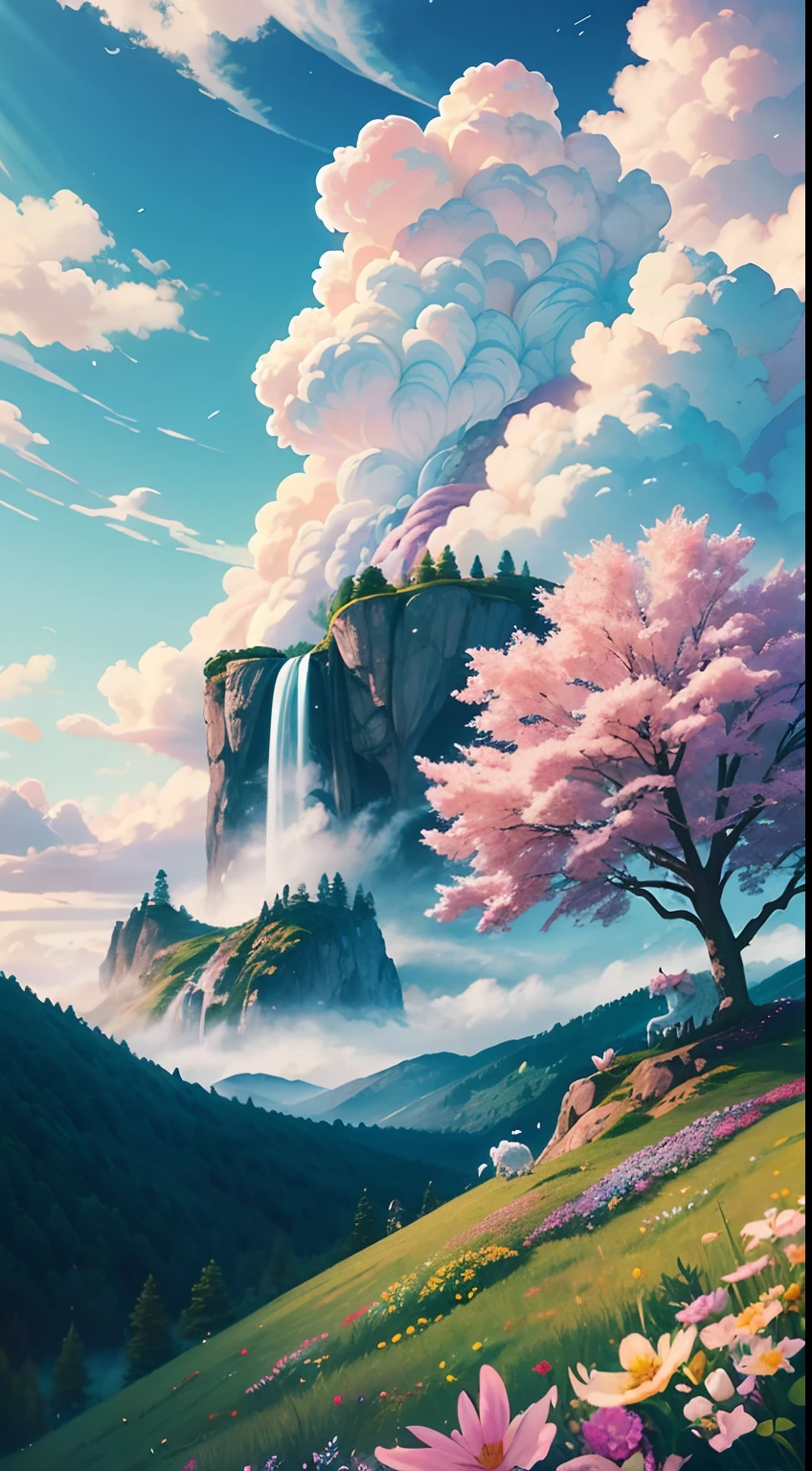 A combination of Hayao Miyazaki's cartoon styles and "My little pony"; Rainbow from earth to cloud,,, steam locomotive with two cars, Soap bubbles are flying around, Pegasus, Unicorns, pony. Below on earth is a fairytale forest, A sparkling waterfall is possible, A magic castle is depicted in the background. Bright juicy colors, bright sunlight, fluffy clouds of pastel shades. Everything shimmers with all colors and shades of the spectrum. A lot of small details of the environment, Psychedelic, Realistic high-quality textures, higly detailed, Realistic animals, Flowers, Clouds