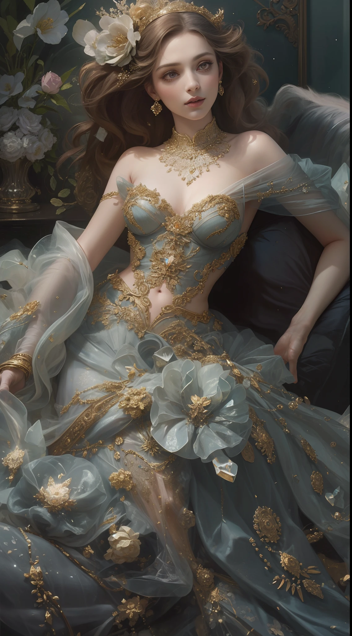 (Best quality,8K,A high resolution,Masterpiece:1.2),Ultra-detailed,(Realistic,Photorealistic,photo-realistic:1.37),Portrait,Creative style artwork,Historical,classical,Sophisticated,plethora of colors,Highly detailed,Soft lighting,luxurious environment,detailed gown,Vibrant flowers,detailed jewellery,Ethereal atmosphere,Elegant Pose,Graceful curves,Gold body proportions，Flowing hair,Breathtaking textile patterns,Harsh purple eyes,Delicate floral decoration,A dazzling array of crystal accessories,Mysterious and dreamy atmosphere,Impeccable attention to detail.