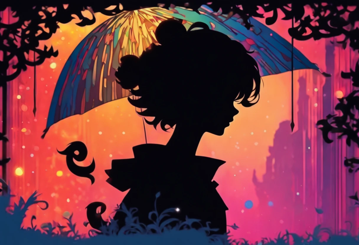 (Silhouette Art,cutouts:1.6)
(((Paper cutting art,A world where only black exists:1.3)

(Cowboy Shot),1 girl,Solo,
(Girl with umbrella,profile:1.2),

Romper
(Colorful rain)
Textured glass background,Tarot card atmosphere