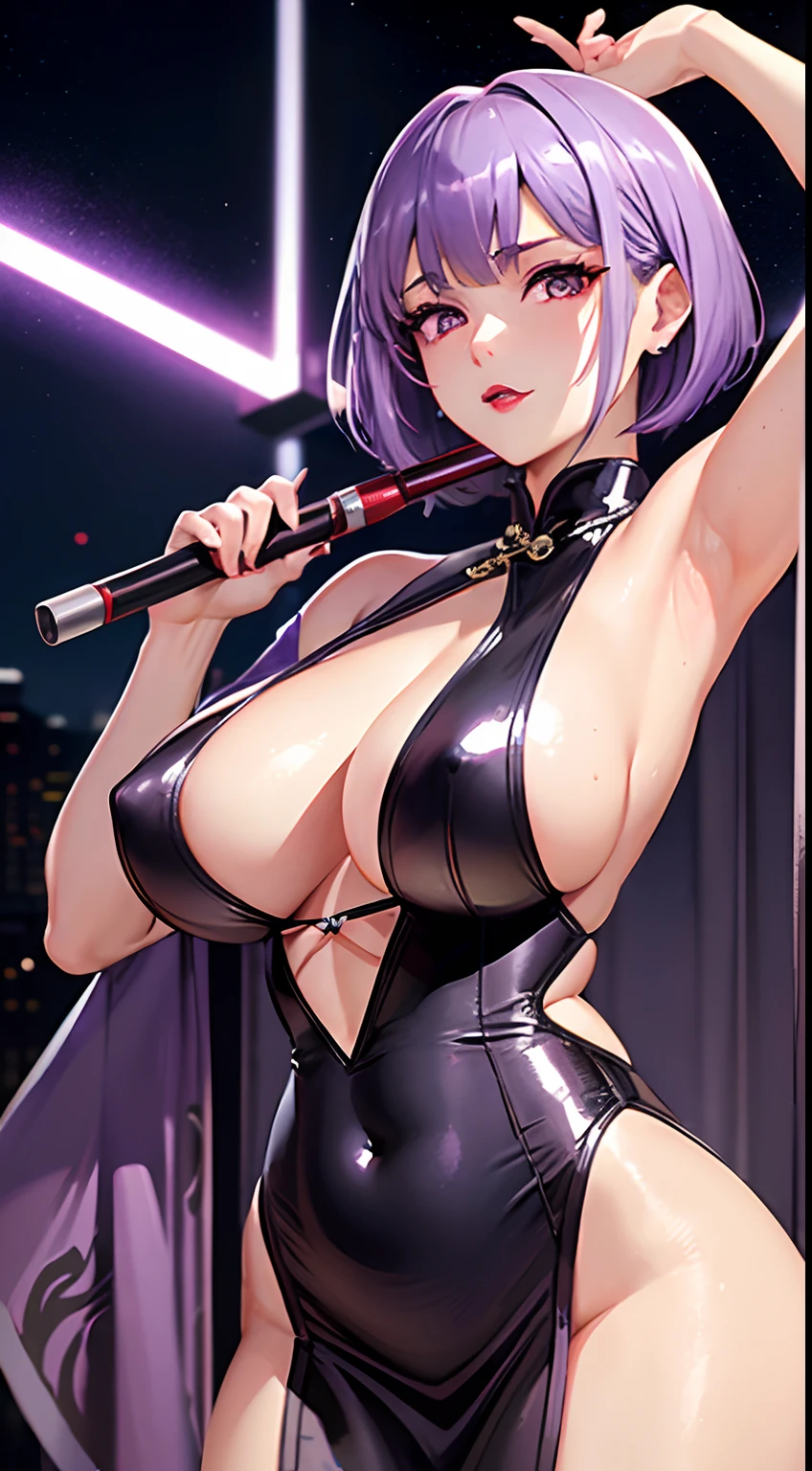 Glossy Metallic Silver Long Cheongsam Chinese Idol Approximately 48 years old Purple hair Shorthair red-lips Chaiborg Flushed Face Mature Woman cute little bbw Whip whip Plump large boob full of sweat sweaty and shiny skin Clean armpits Stand on the roof of a skyscraper with fantastic night view Female swordsman with lightsaber StarWars