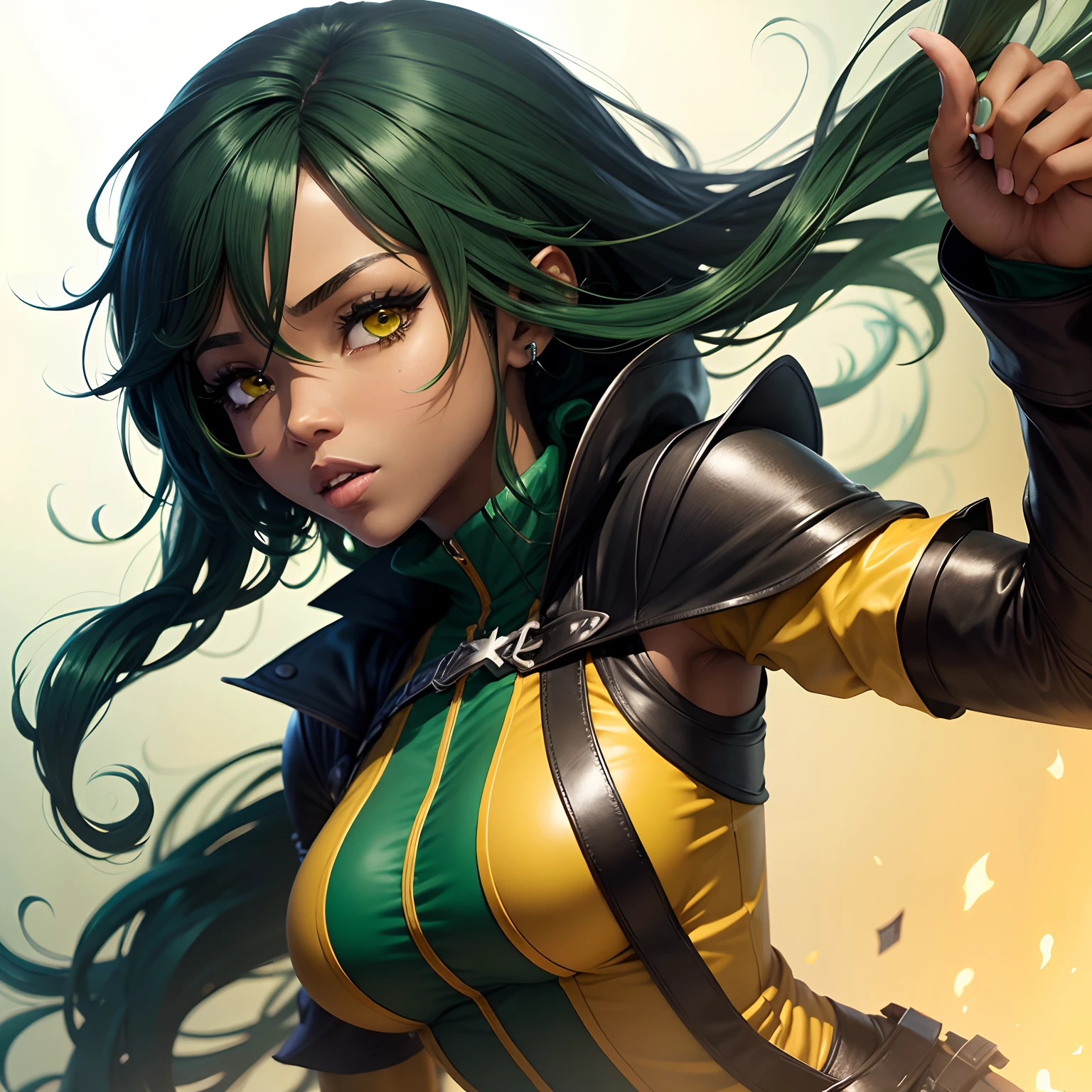 Personagem rpg anime espadachim mulher negra, cabelo cacheado verde claro e olhos amarelo claro