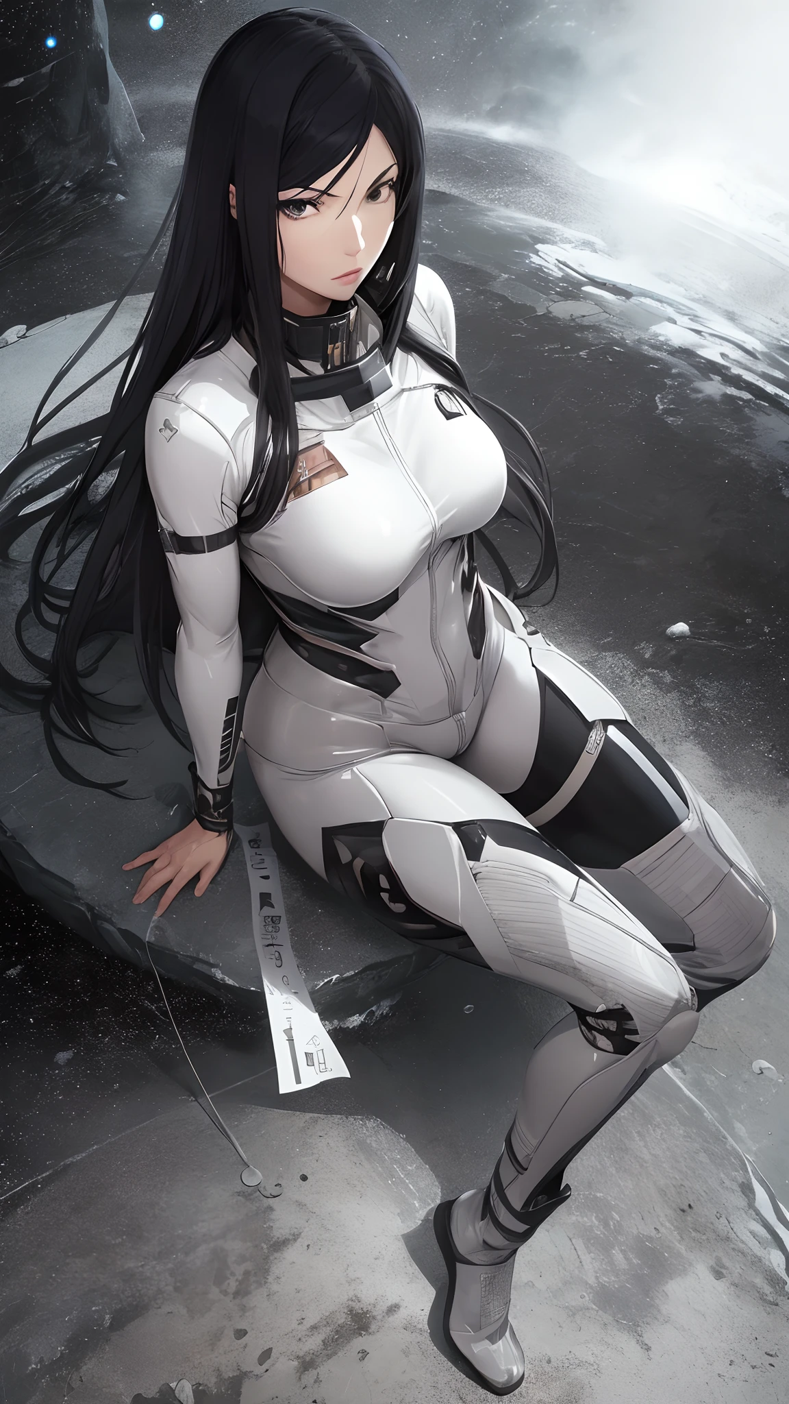 Kurihara Mari from prison school, black long hair, grey eyes, full body view, seen from above Earth, space, sitting, wearing spacesuit armour,