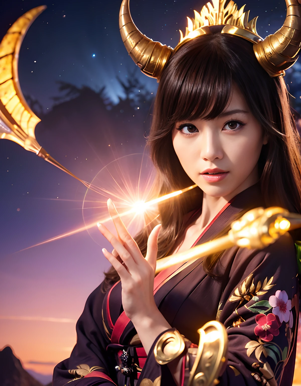 (((Fierce battle with aliens))),Professional , masterpiece、top-quality、photos realistic , depth of fields 、(sexypose)、(Black maple on the background of full bloom),(Ultimate Beauty)、A dark-haired、Mystical expression、(shrine background)、(Kimono with beautiful pattern)、(Night background)、Beautiful hair ornament on the head、,(intense fighting),((Precipitous cliffs)),(Wear a beautiful kimono),(Wear a beautiful kimono with colorful floral patterns)、(Japan Castle Background)、Jewel Gold Weapon、Particles of light),(intense fighting)、Gorgeous gold weapons ,Castle background、(( Gorgeous Dragon Sword)) , (a dark night),,(maikurobikini) 、((Black Haired Beautiful Girl))、(Castle background)、(demonic wings)、((Gangle's forest background))、Beautiful Caucasian beauty、1a person、dynamic ungle,(((Two devil's horns on the head)))、Smaller head、Idle Smile、Thin and beautiful female hands、Mystical expression、Light Effects、intense fighting、Wind-effect、magic circles、With the legendary magic wand、Dragon's tail、Anatomically correct fingers、
