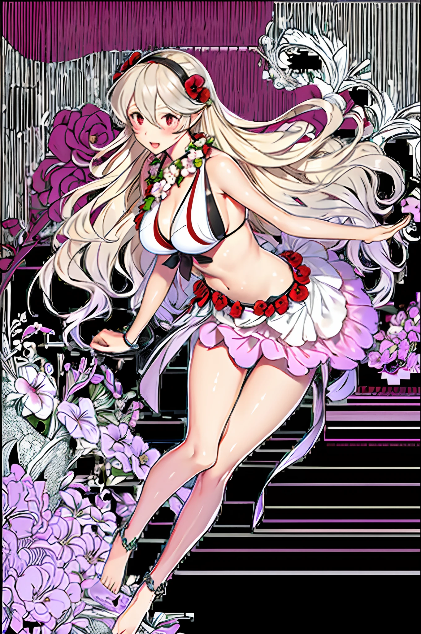 Masterpiece, Top quality, Best quality, offcial art, Beautiful and aesthetic,
1girll, corrin (Fire emblem) (Female), corrin (Fire emblem), swimsuit, Solo, Bikini, full bodyesbian, Breasts, Official alternative costumes, bikini skirt, flower, hair adornments, navel, Open mouth, view the viewer, jewelry, cleavage, hair flower, book, Holding, Smile, 鎖骨, Flower necklace, Medium breasts, Bracelet, anklet, bangs, White bikini, ribbon, hair between eye, standing, front-tie top, Blush,Sea,beach,
extreme detailed details,highest details, opticalmixing, Playful patterns, Lively texture, unique visual effect,