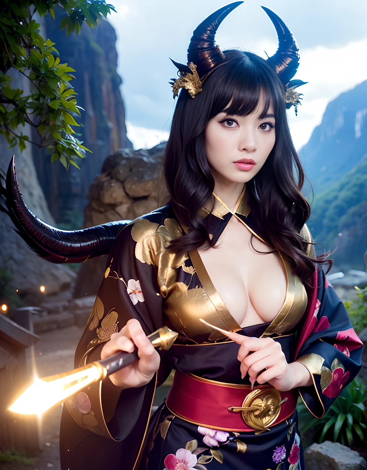 (((Fierce battle with aliens))),Professional , masterpiece、top-quality、photos realistic , depth of fields 、(sexypose)、(Black maple on the background of full bloom),(Ultimate Beauty)、A dark-haired、Mystical expression、(shrine background)、(Kimono with beautiful pattern)、(Night background)、Beautiful hair ornament on the head、,(intense fighting),((Precipitous cliffs)),(Wear a beautiful kimono),(Wear a beautiful kimono with colorful floral patterns)、(Japan Castle Background)、Jewel Gold Weapon、Particles of light),(intense fighting)、Gorgeous gold weapons ,Castle background、(( Gorgeous Dragon Sword)) , (a dark night),,(maikurobikini) 、((Black Haired Beautiful Girl))、(Castle background)、(demonic wings)、((Gangle's forest background))、Beautiful Caucasian beauty、1a person、dynamic ungle,(((Two devil's horns on the head)))、Smaller head、Idle Smile、Thin and beautiful female hands、Mystical expression、Light Effects、intense fighting、Wind-effect、magic circles、With the legendary magic wand、Dragon's tail、Anatomically correct fingers、