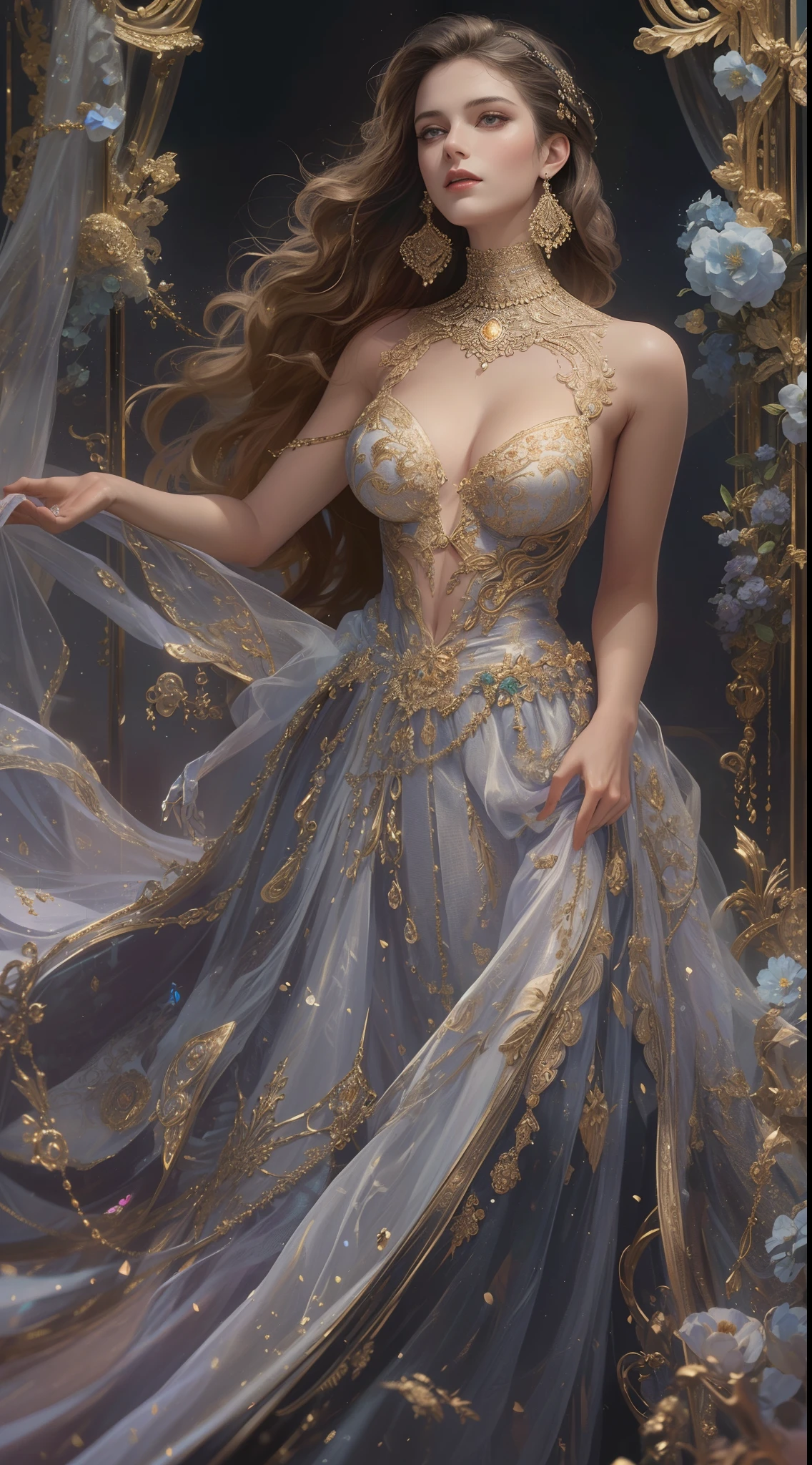 (Best quality,8K,A high resolution,Masterpiece:1.2),Ultra-detailed,(Realistic,Photorealistic,photo-realistic:1.37),Portrait,Creative style artwork,Historical,classical,Sophisticated,plethora of colors,Highly detailed,Soft lighting,luxurious environment,detailed gown,Vibrant flowers,detailed jewellery,Ethereal atmosphere,Elegant Pose,Graceful curves,Gold body proportions,Flowing hair,Breathtaking textile patterns,Harsh purple eyes,Delicate floral decoration,A dazzling array of crystal accessories,Mysterious and dreamy atmosphere,Impeccable attention to detail.