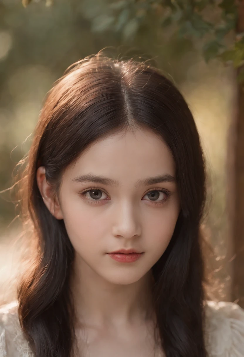 A before puberty,pale-skinned,The long, Straight black hair. Big, dark eyes , The expression is strong and mysterious. Wearing orphan movie costume style, With a more elegant and refined touch, Something that matches her mysterious and strong personality. Overall, Her appearance will be eye-catching, Attract curious and curious eyes. ((huge tit:2.0))Cinematic lighting, color difference, back lit lighting, Masterpiece, High details, High quality, 4K.