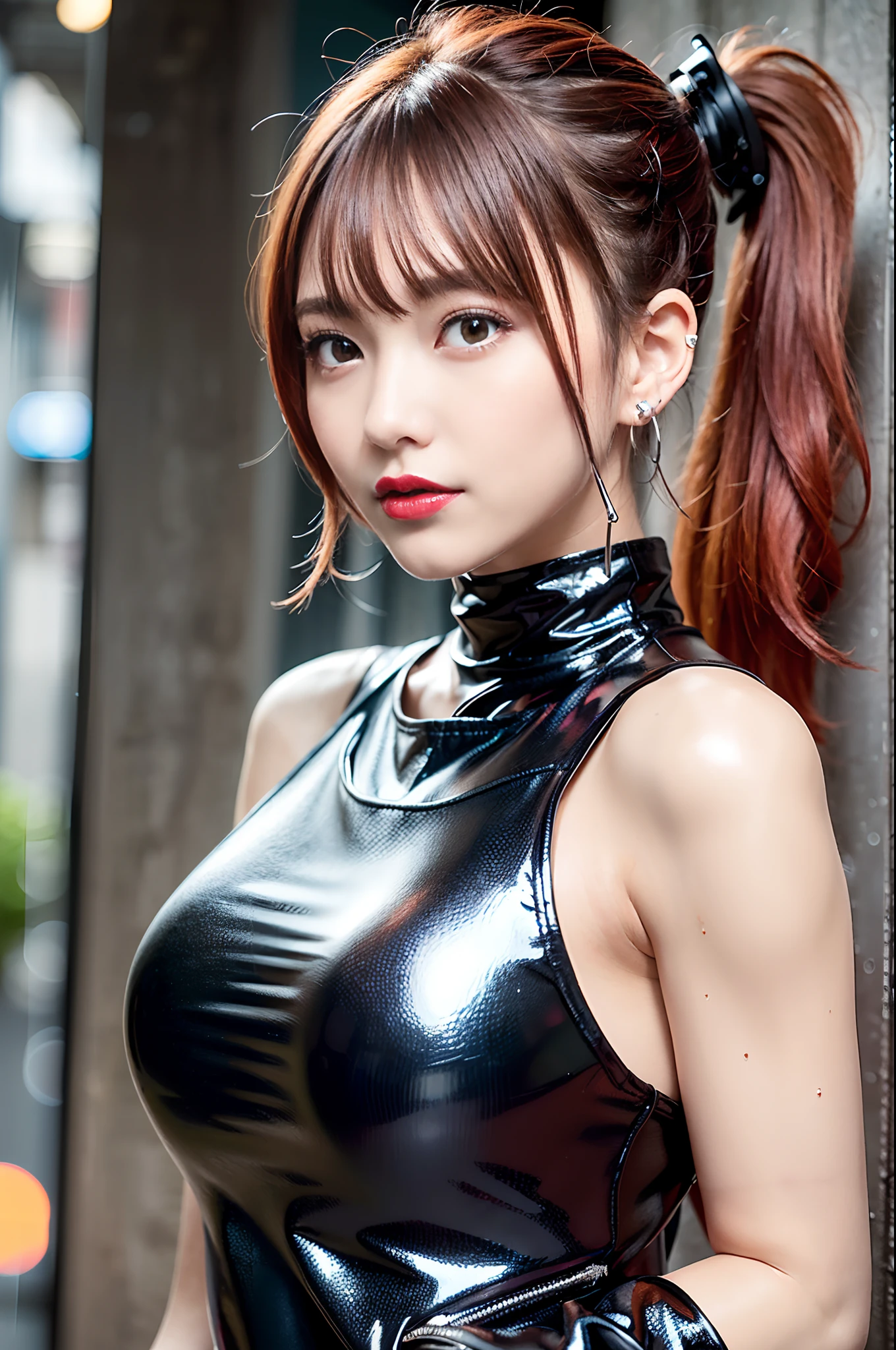 sologirl,Back alley in heavy rain,Drenched bad girl,piercings,Punk rock fashion,Punk rock shirt with chain,Punk rock pants with chain,a choker,(The whole body is soaking wet,Rainwater dripping from the face,Wet face,wetting hair,Wet and glowing skin,Soaking wet costumes,),(Shiny silver and orange hair,Short ponytail),(The composition of the princess's face,big eye,Pointed lips,red lipsticks,Cute round face,A smile that makes the viewer happy,blushing with embarrassment,red blush,),(Bold poses,(The 8k quality,masutepiece,top-quality,Ultra-high resolution output image,),intricate detailes,(Highly detailed raw photos:1.3),(Image Mode Ultra HD),