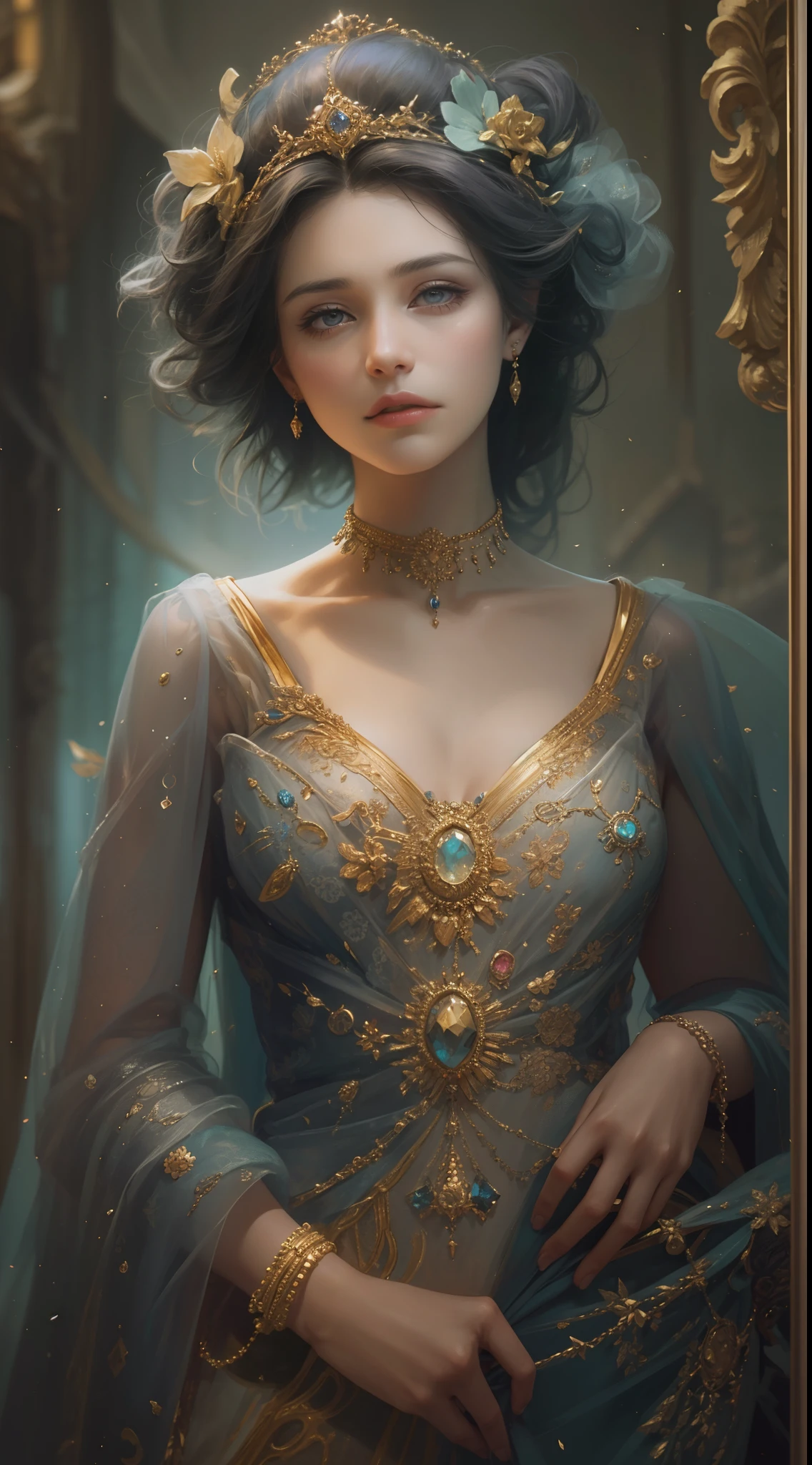 (Best quality,8K,A high resolution,Masterpiece:1.2),Ultra-detailed,(Realistic,Photorealistic,photo-realistic:1.37),Portrait,Creative style artwork,Historical,classical,Sophisticated,plethora of colors,Highly detailed,Soft lighting,luxurious environment,detailed gown,Vibrant flowers,detailed jewellery,Ethereal atmosphere,Elegant Pose,Graceful curves,Gold body proportions，Flowing hair,Breathtaking textile patterns,Harsh purple eyes,Delicate floral decoration,A dazzling array of crystal accessories,Mysterious and dreamy atmosphere,Impeccable attention to detail.