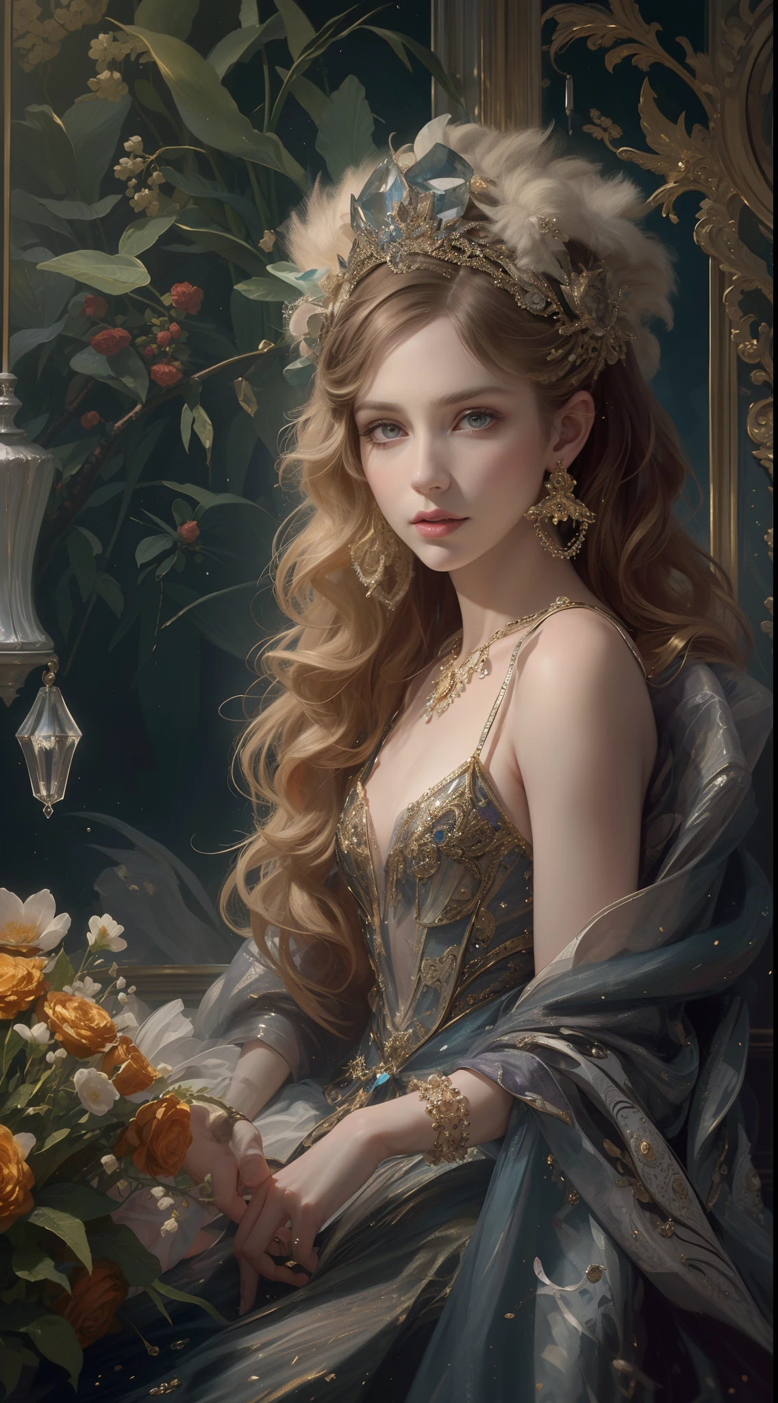 (Best quality,8K,A high resolution,Masterpiece:1.2),Ultra-detailed,(Realistic,Photorealistic,photo-realistic:1.37),Portrait,Creative style artwork,Historical,classical,Sophisticated,plethora of colors,Highly detailed,Soft lighting,luxurious environment,detailed gown,Vibrant flowers,detailed jewellery,Ethereal atmosphere,Elegant Pose,Graceful curves,Gold body proportions，Flowing hair,Breathtaking textile patterns,Harsh purple eyes,Delicate floral decoration,A dazzling array of crystal accessories,Mysterious and dreamy atmosphere,Impeccable attention to detail.