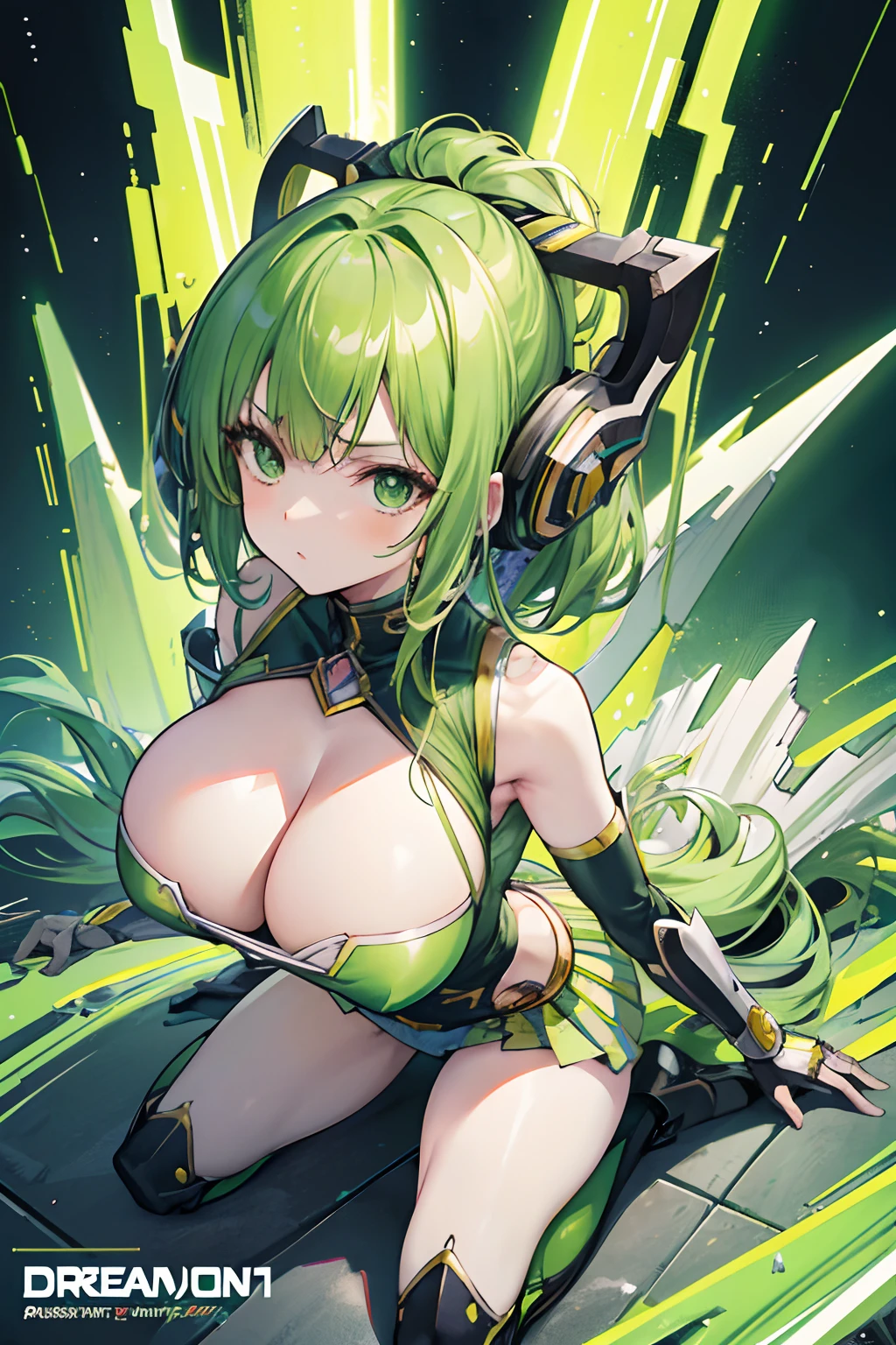 Close-up of a woman dressed in green and yellow, Heavy metal manga cover art, Barbarella, Ash Thorp, offcial art, panoramic widescreen view, Megardes, Matte tinting, big breasts exposed cleavage,Full body detail 4K,Dreamlike,and its detailed full