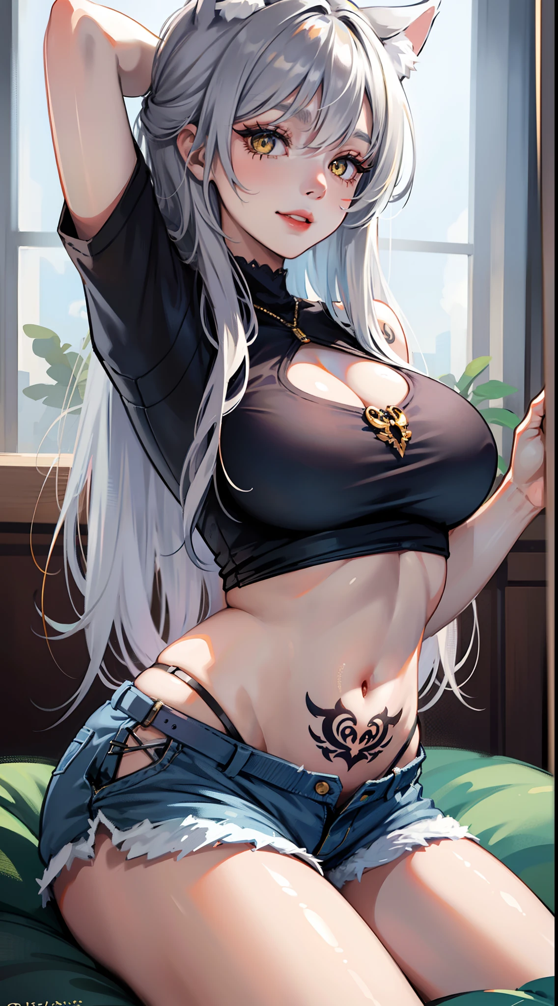 young girl, long gray hair, cat ears, Yellow eyes, Smile, tattoo, Tight blue fantasy shirt, open belly, Blue Fantasy Shorts, Masterpiece, hiquality, 4k, HD, Good detail