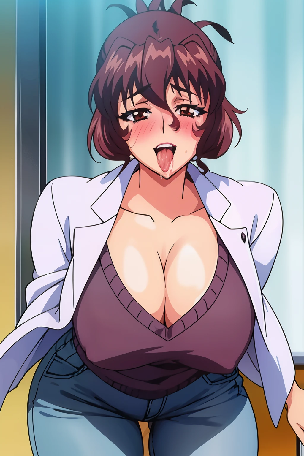 1990s anime cels style, 1990s manga style Aiko Katsuragi, best quality, high resolution, mature female, milf, 1girl, huge breasts, labcoat, makeup, lipstick, brown eyes, folded ponytail, brown hair, cleavage, eyeliner, eyeshadow, (caring look:1.1), smile, look at viewer, (vulgarity:1.4), (nose  blush:1.2), happy, open mouth, tongue out, medical room, vivid colors