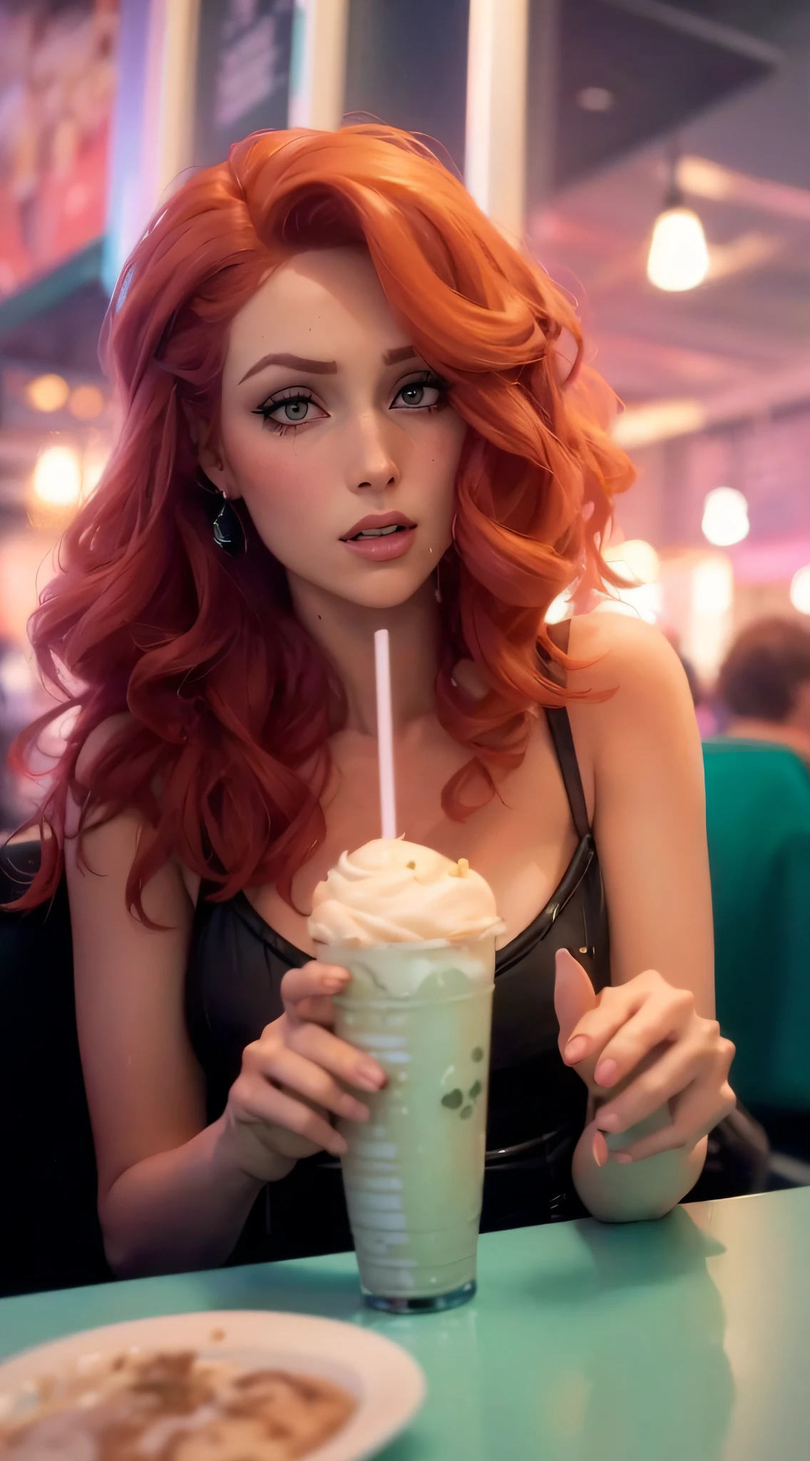 there is a woman sitting at a table with ice cream, better known as amouranth, young beautiful amouranth, amouranth, amouranth as a super villain, bella thorne, 😭🤮 💔, with a straw, redhead girl, 🤠 using a 🖥, drinking a strawberry iced latte, with a drink, gif, low quality video