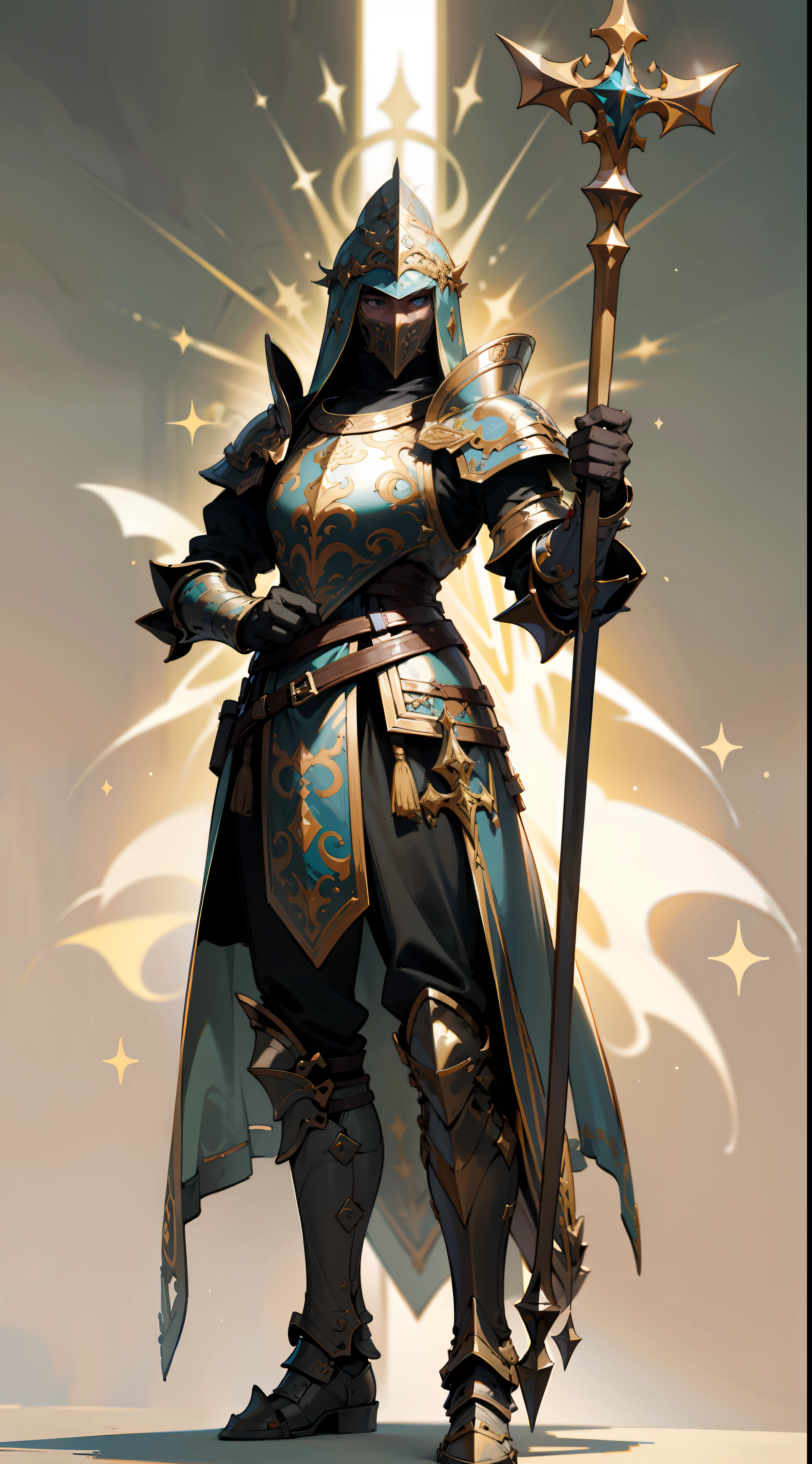Game character design，holy paladin，Quaint and heavy armor wraps the entire body，shelmet，Holding a stout and ornate scepter，heavy boots，（full bodyesbian：1.4），solid color backdrop，clean backdrop，depth of fields，high light，Real light，Ray traching，oc rendered，Hyper-realistic，best qualtiy，8K，Works of masters，super-fine，Detailed pubic hair，Correct anatomy，Bokeh，Facial features are carefully depicted