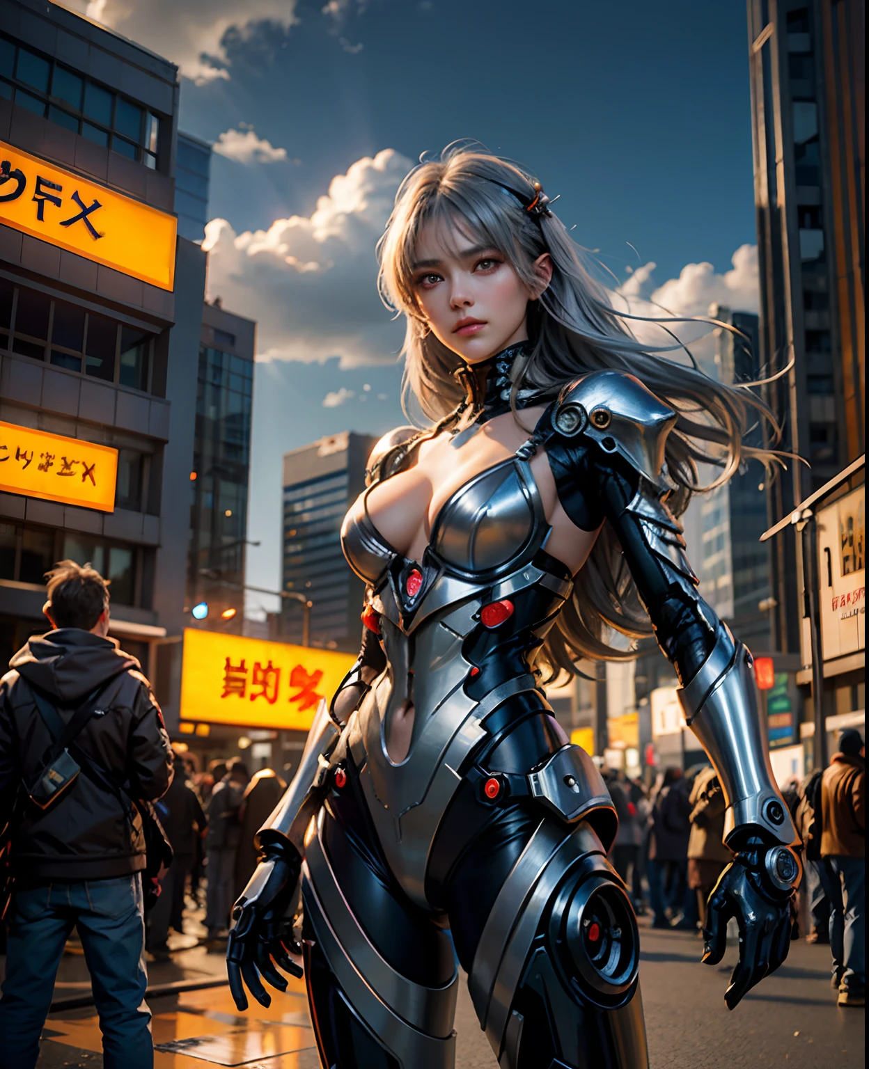 Gray hair, long fluttering hair, strong wind, orange eyes, shining eyes, evangelion girl, big, face and breasts raw, cleavage visible. Photoreal, Portfolio, Evangelion Inspired Metal Mech Suit, Cyberpunk, Metallic, Detailed Mech Parts, Bundle of Thin Tubes, Metal Cylinder, Detailed Neon, Fine LED, Detailed Parts