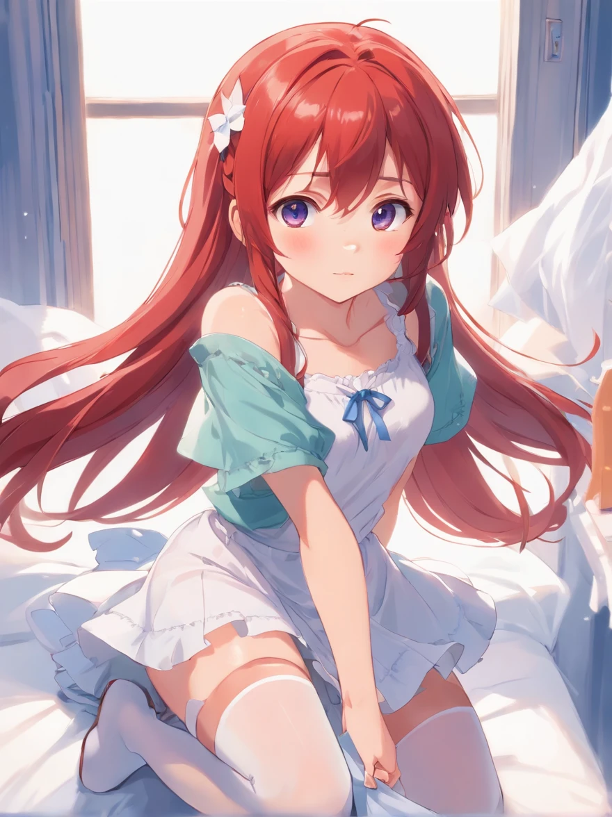 Cute , long red hair, large eyes, Eyes are confused, shift dresses, Lift the skirt, Leakage of the leg, Leaking out of the shoulder, Long white stockings, white underwear, open blouse, white background
